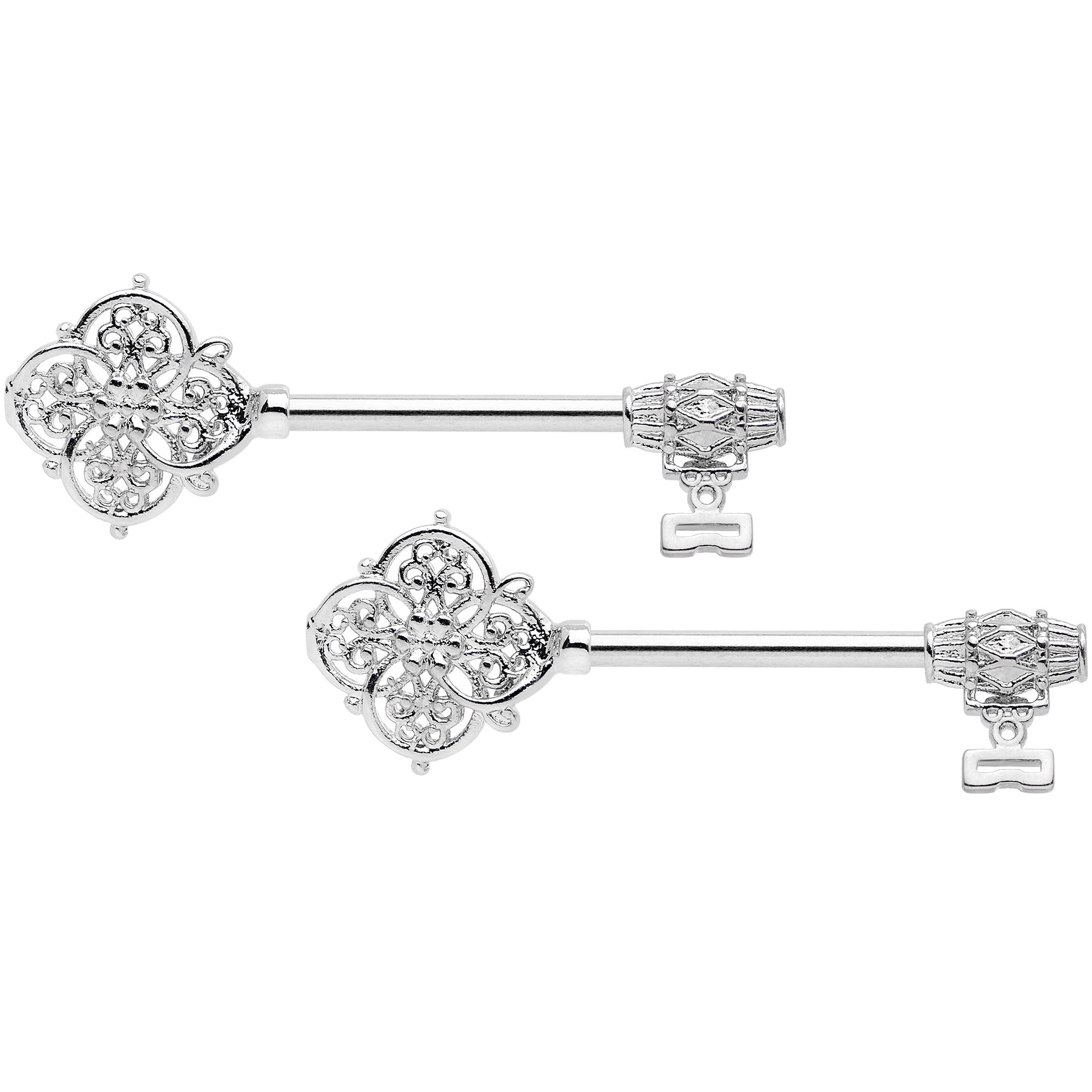 14 Gauge 9/16 Ornate Filigree Key Barbell Nipple Ring Set