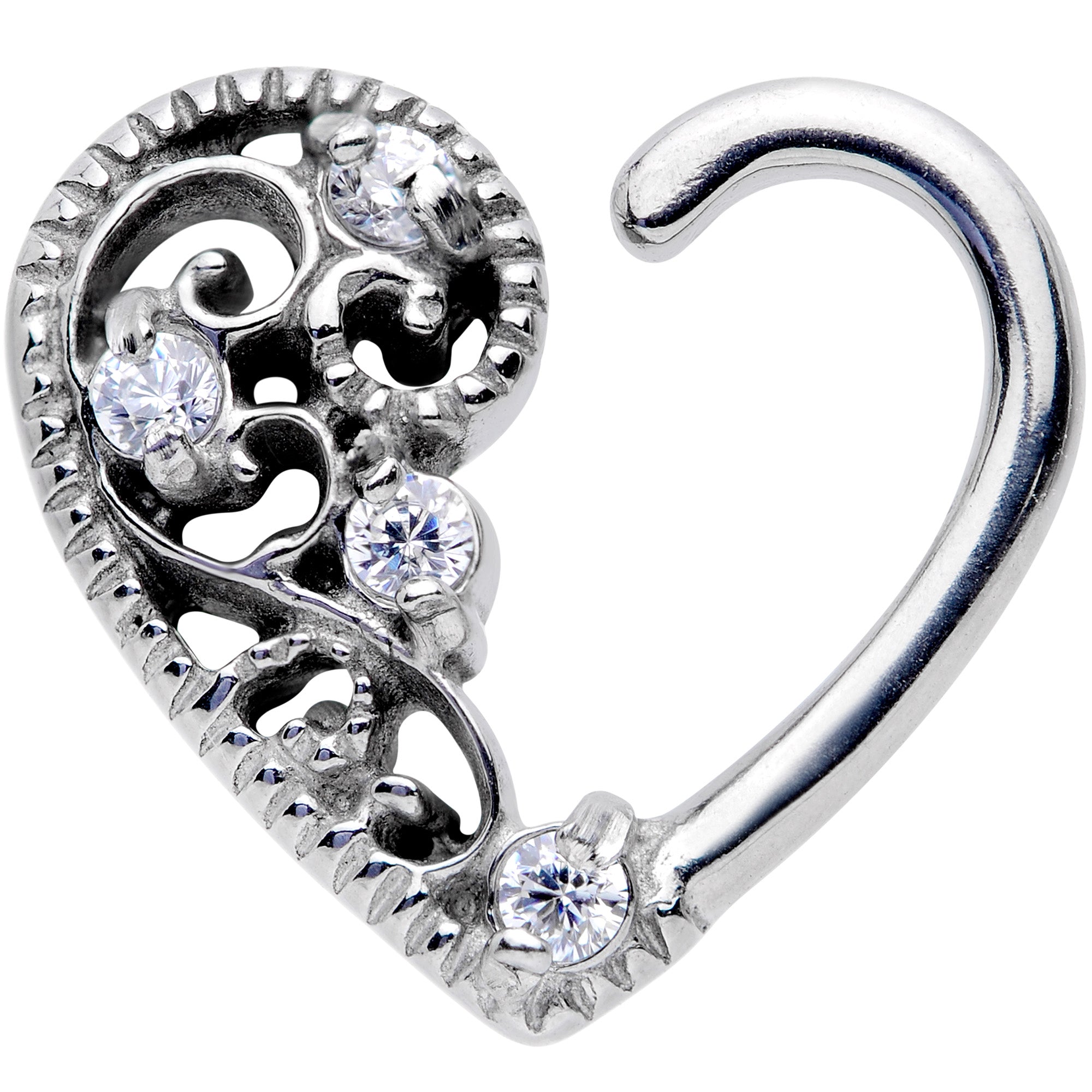 16 Gauge 3/8 Clear CZ Gem Art Deco Right Heart Closure Ring