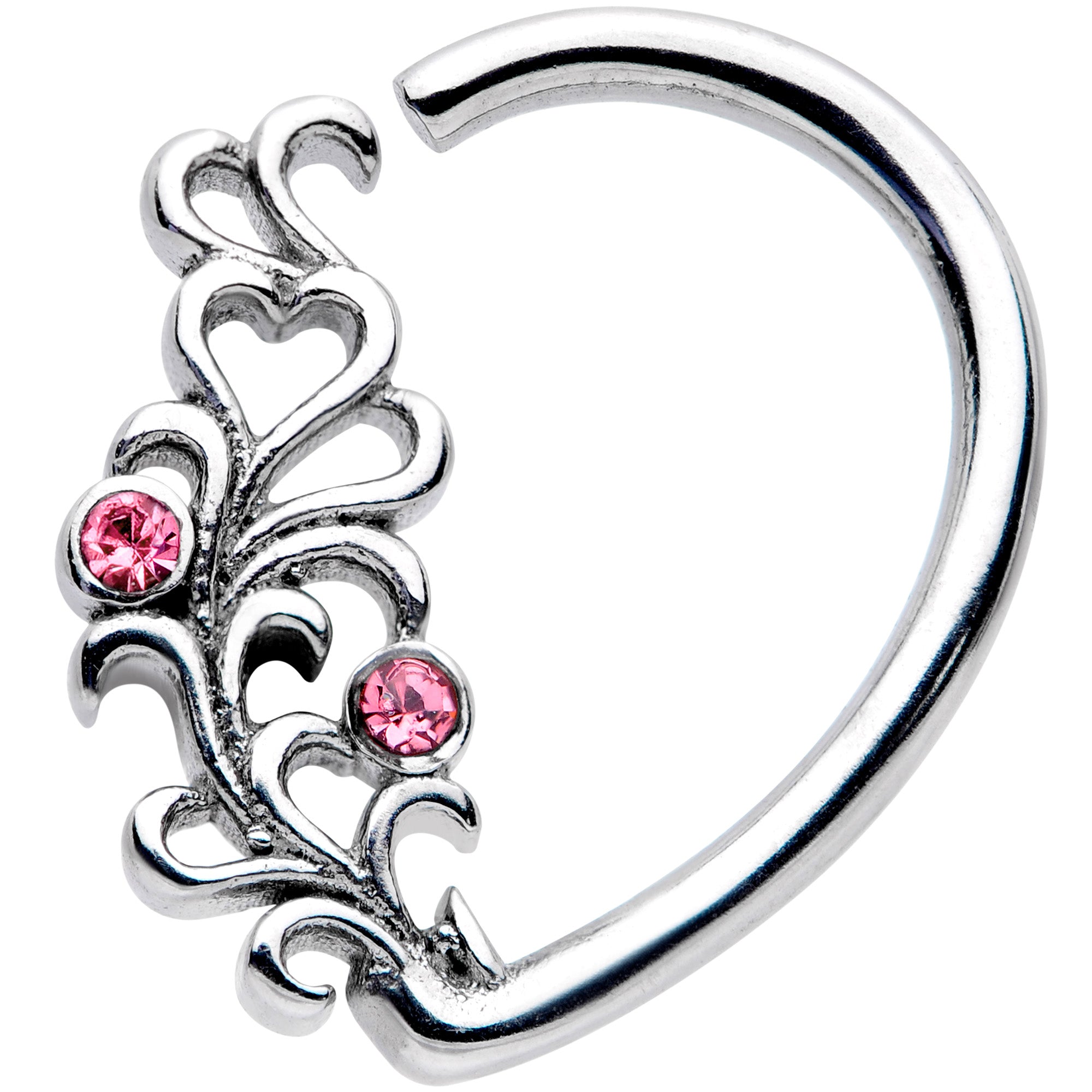 16 Gauge 3/8 Pink Gem Vine Half Heart Right Ear Closure Ring