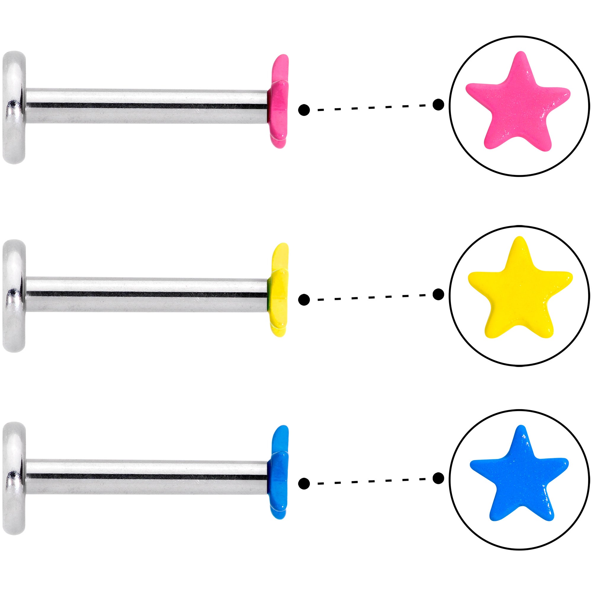 16 Gauge 5/16 Blue Pink Yellow Glow Star Labret Set of 3