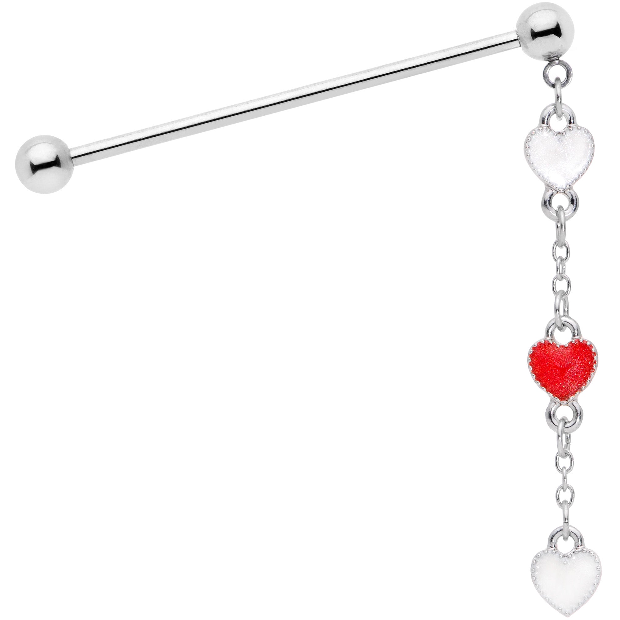 14 Gauge Red White Hearts Dangle Industrial Barbell 38mm