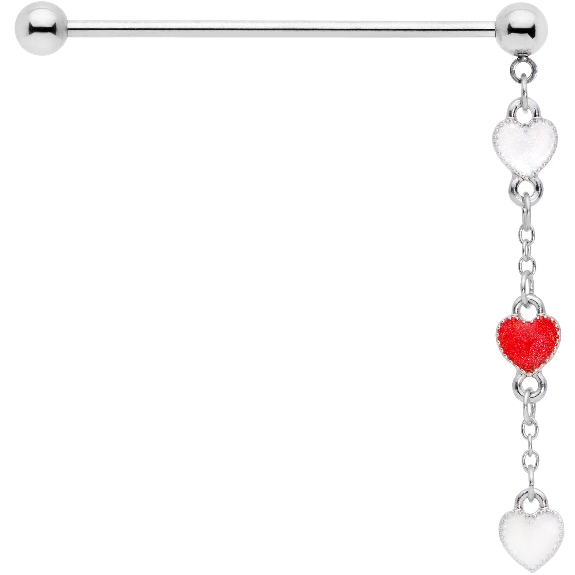 14 Gauge Red White Hearts Dangle Industrial Barbell 38mm