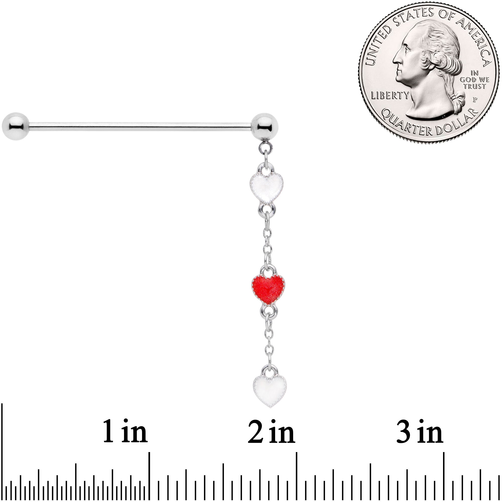 14 Gauge Red White Hearts Dangle Industrial Barbell 38mm