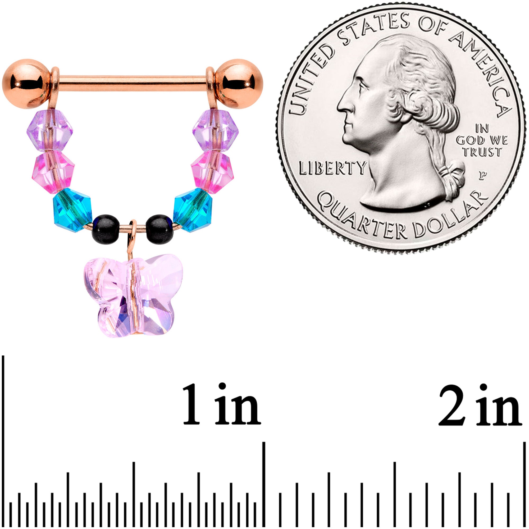 14 Gauge Pink Gem Rose Gold Tone Butterfly Dangle Nipple Ring Set