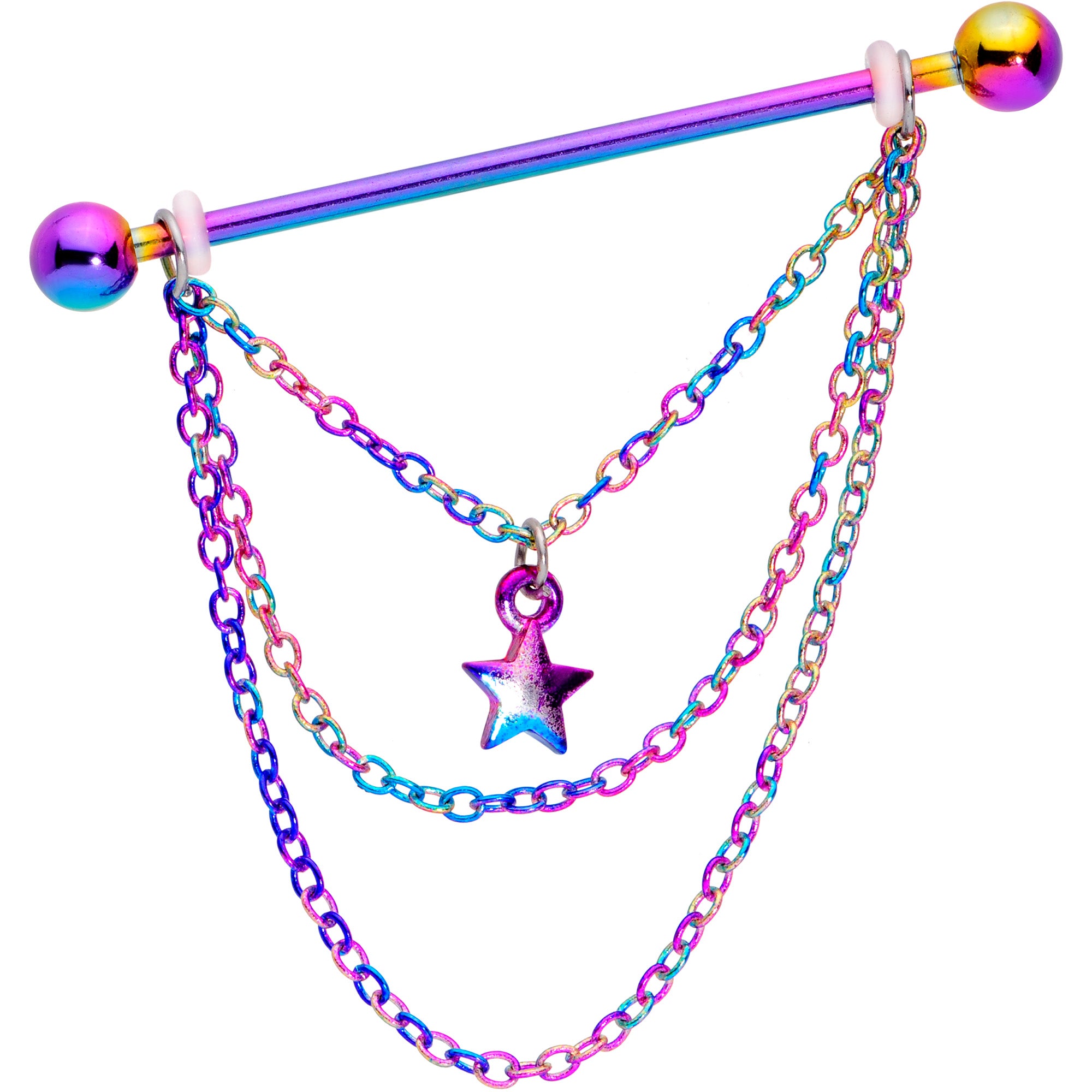 14 Gauge Rainbow Star Triple Chain Dangle Industrial Barbell 38mm