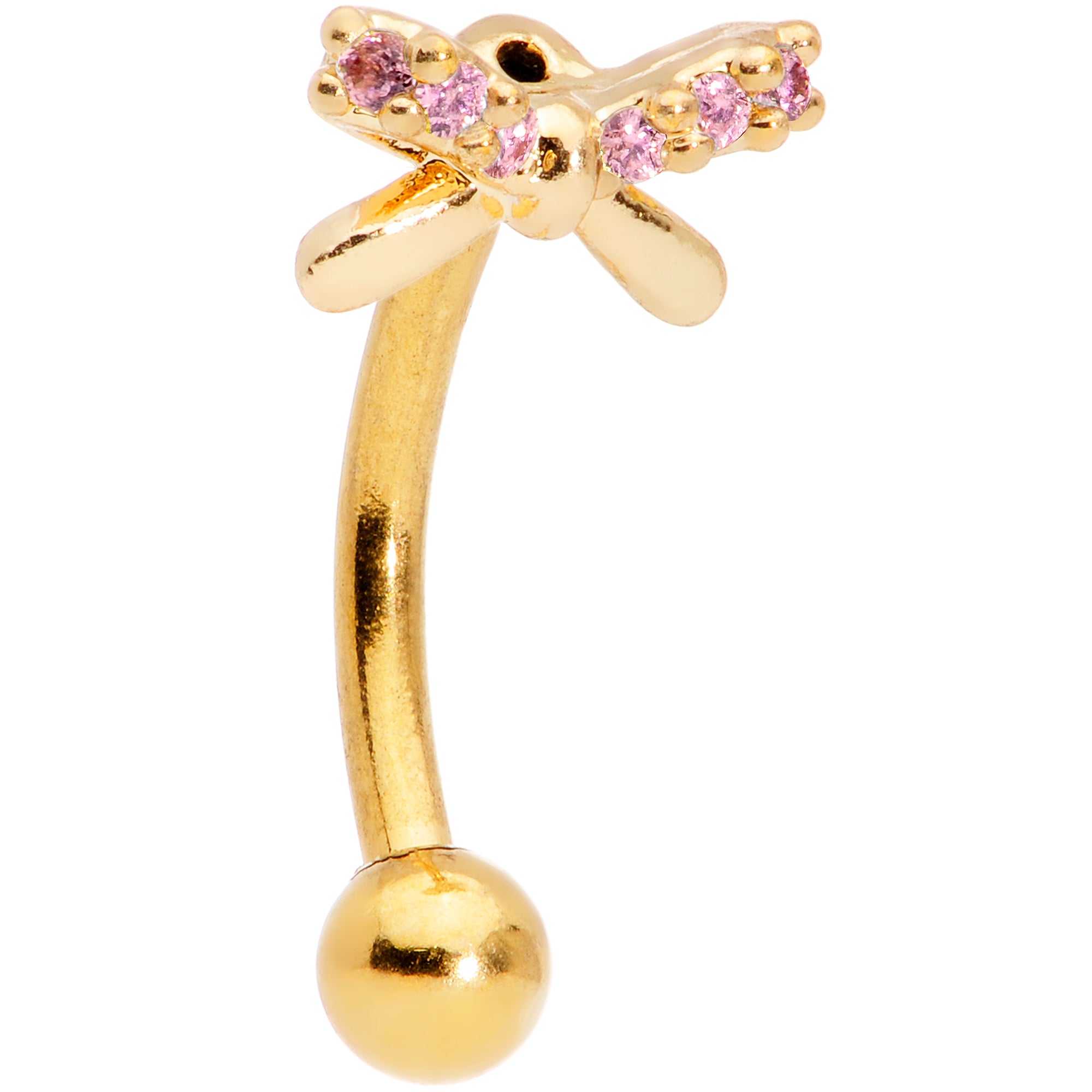 16 Gauge 5/16 Pink Gem Gold Tone Ribbon Bow Curved Eyebrow Ring