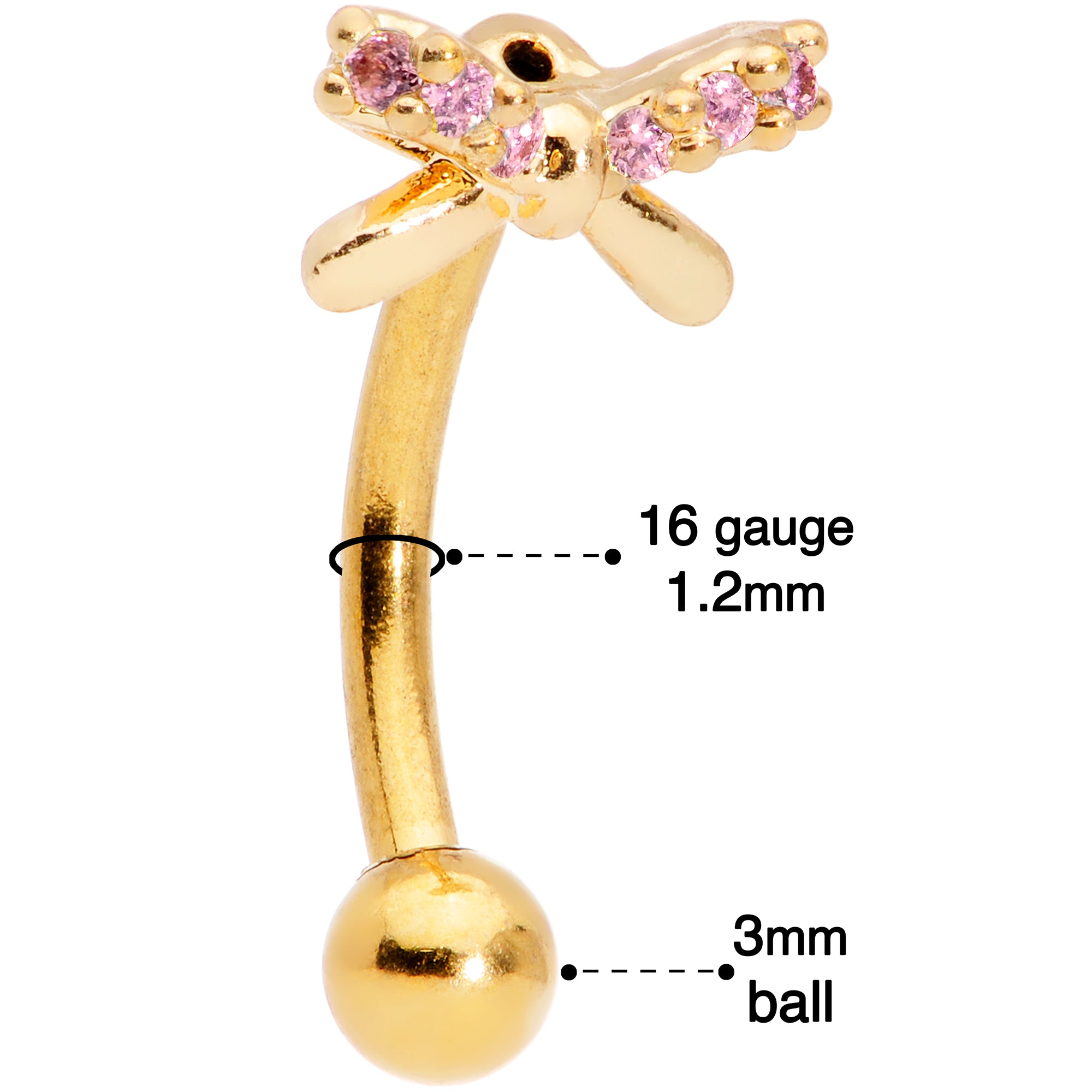 16 Gauge 5/16 Pink Gem Gold Tone Ribbon Bow Curved Eyebrow Ring