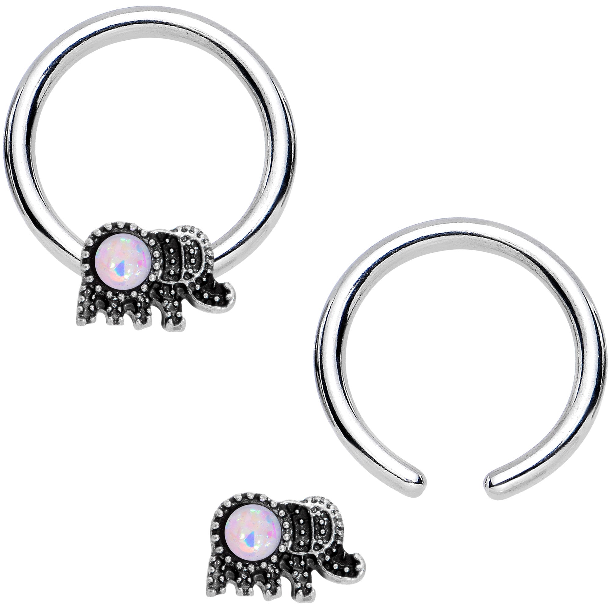 14 Gauge 1/2 White Faux Opal Elephant BCR Captive Nipple Ring Set