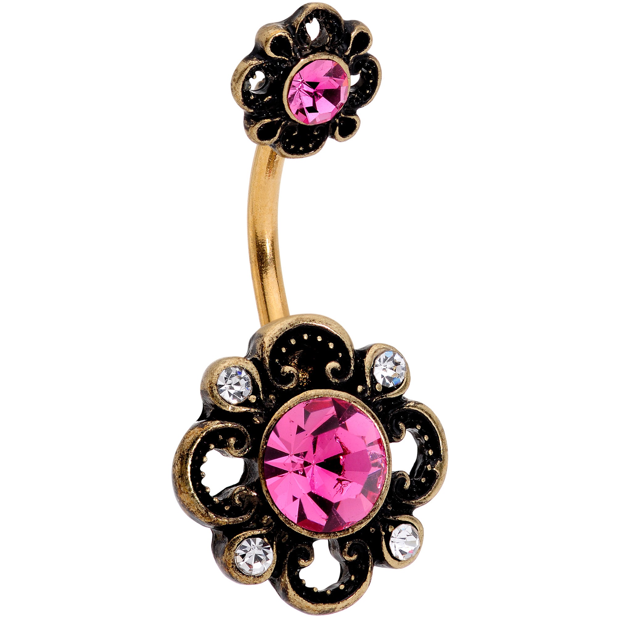 Pink Clear Gem Gold Tone Open Flower Double Mount Belly Ring