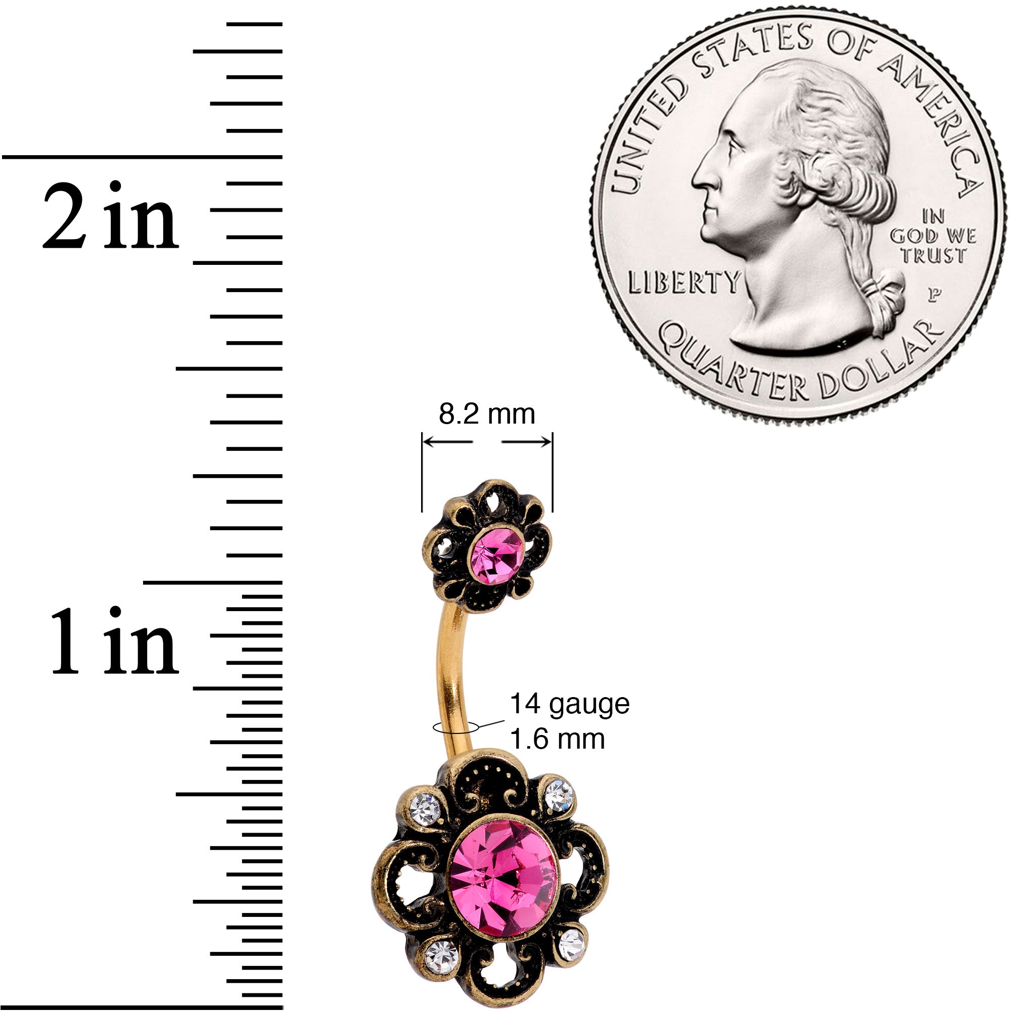 Pink Clear Gem Gold Tone Open Flower Double Mount Belly Ring