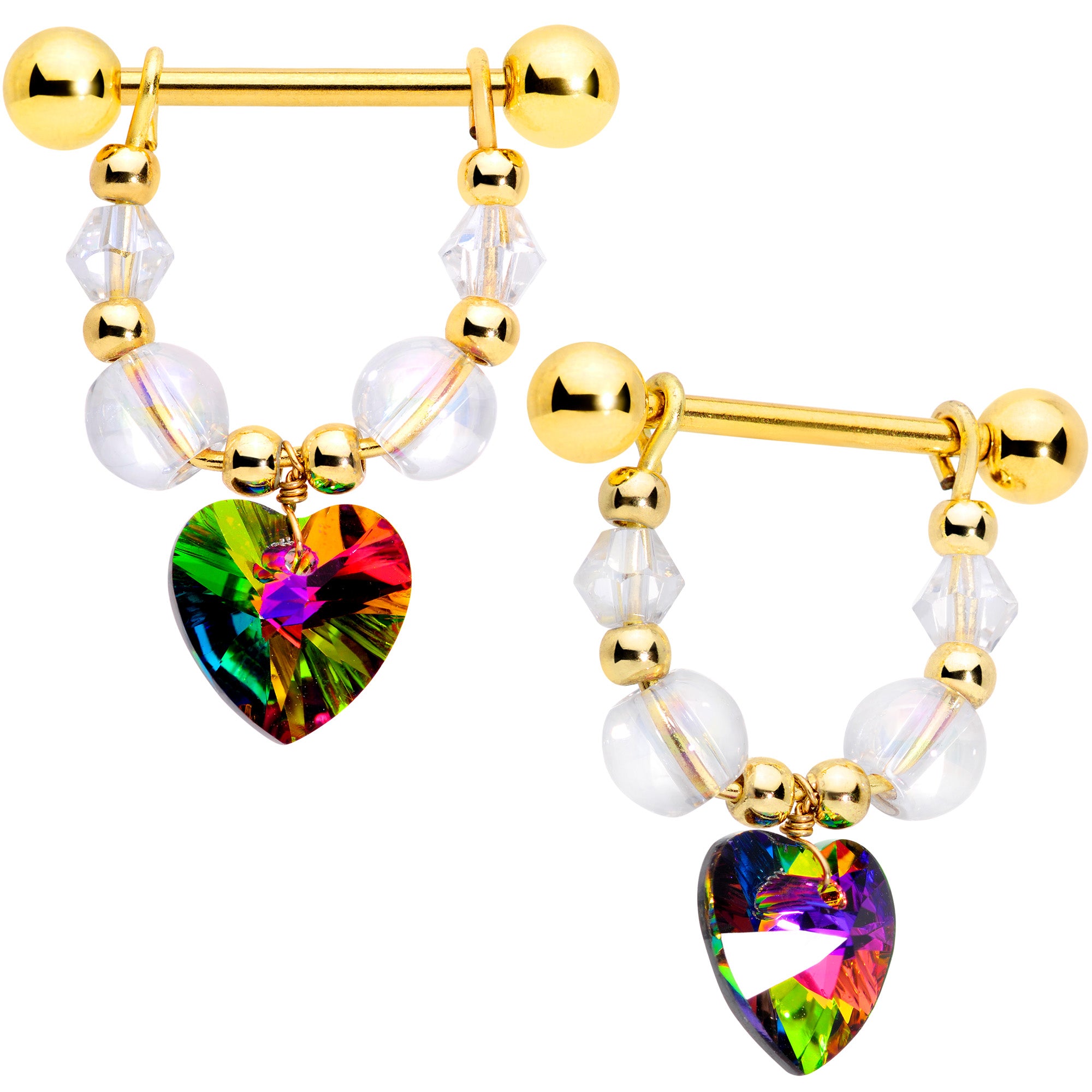 14 Gauge 5/8 Vitrail Gem Gold Tone Heart Dangle Nipple Ring Set