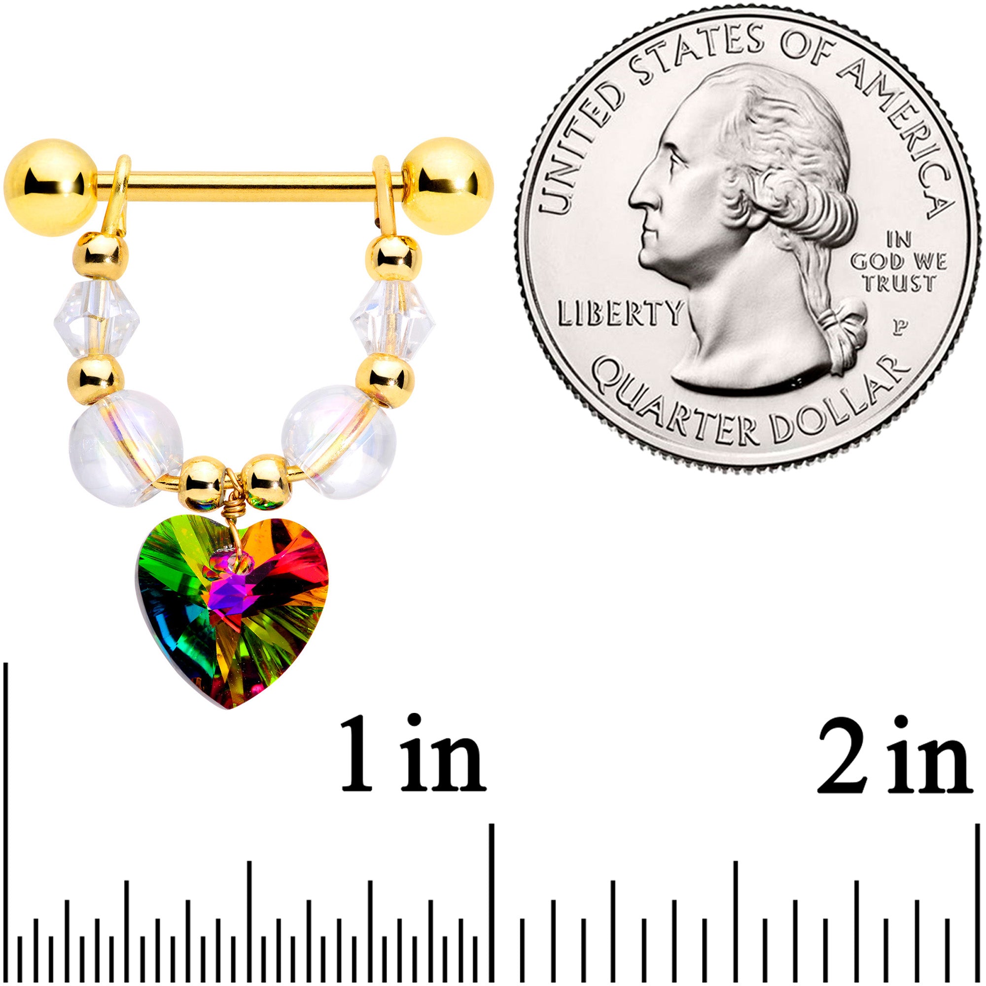 14 Gauge 5/8 Vitrail Gem Gold Tone Heart Dangle Nipple Ring Set