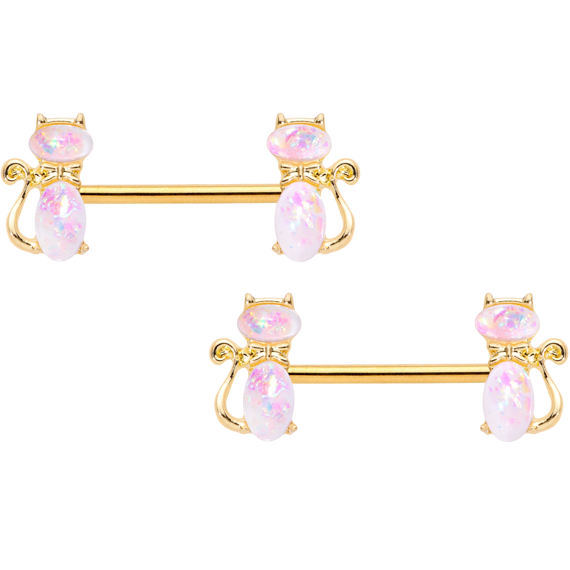 14 Gauge 9/16 White Faux Opal Gold Tone Cat Barbell Nipple Ring Set