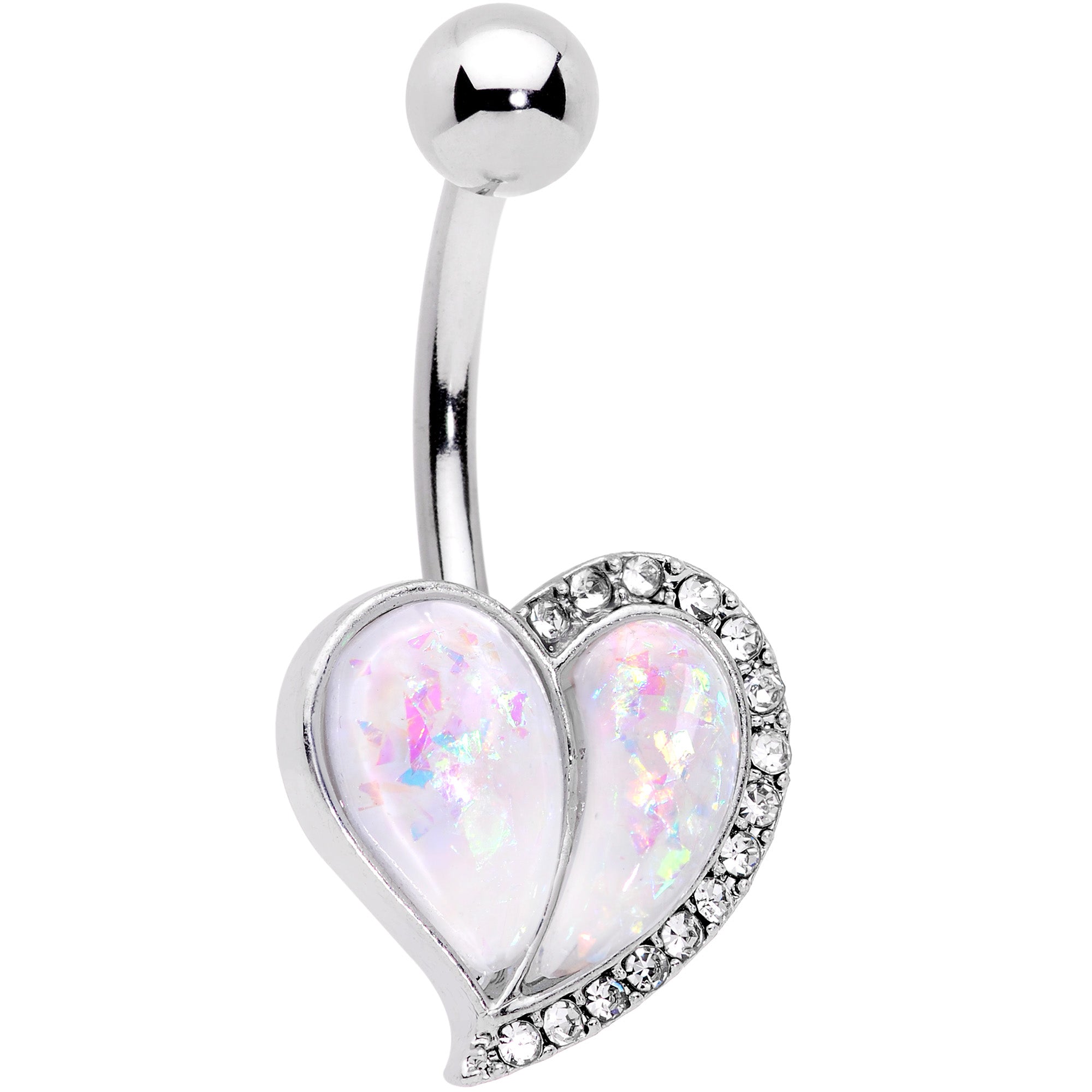 White Faux Opal Clear Gem Peachy Heart Belly Ring