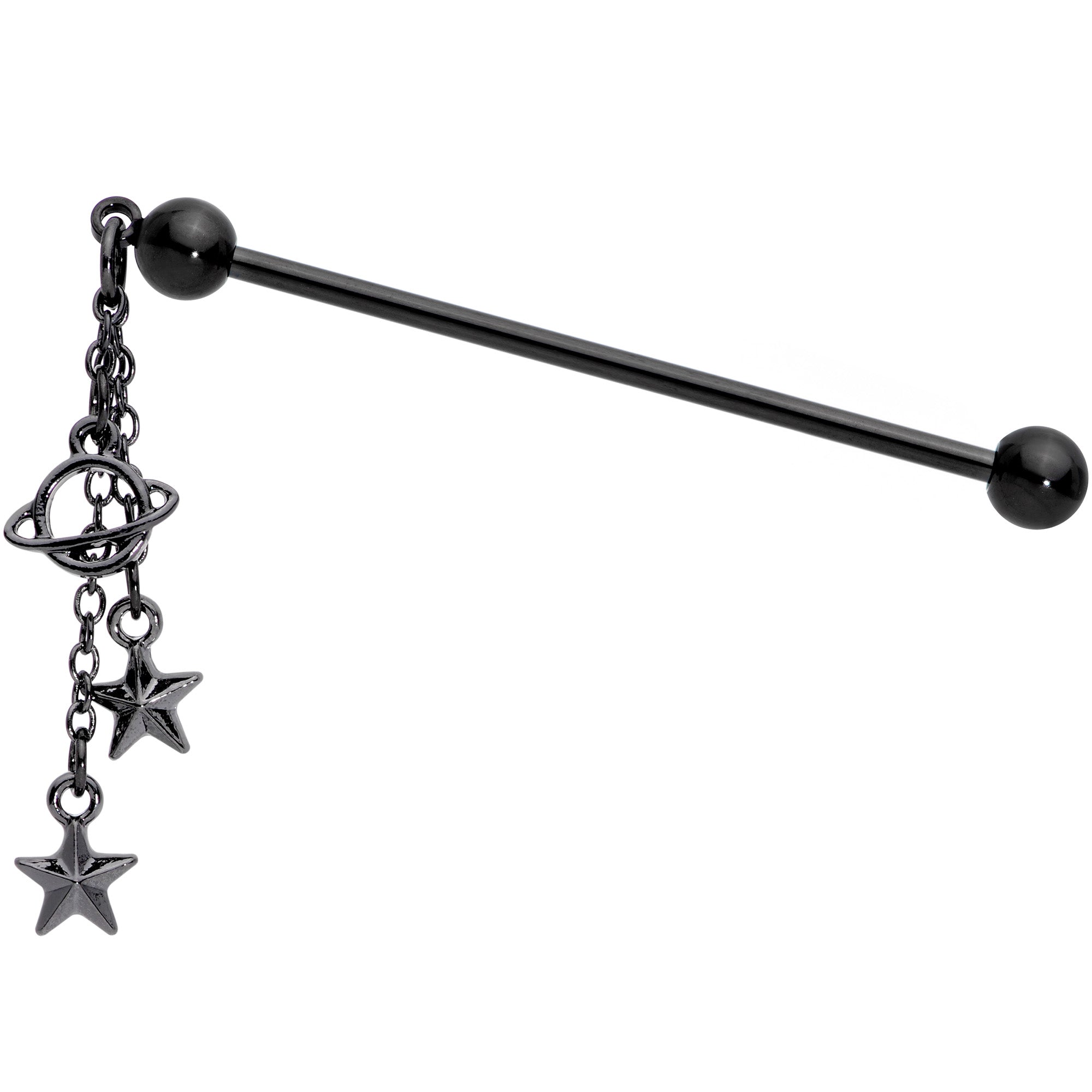 14 Gauge Black Planet Stars Dangle Industrial Barbell 38mm