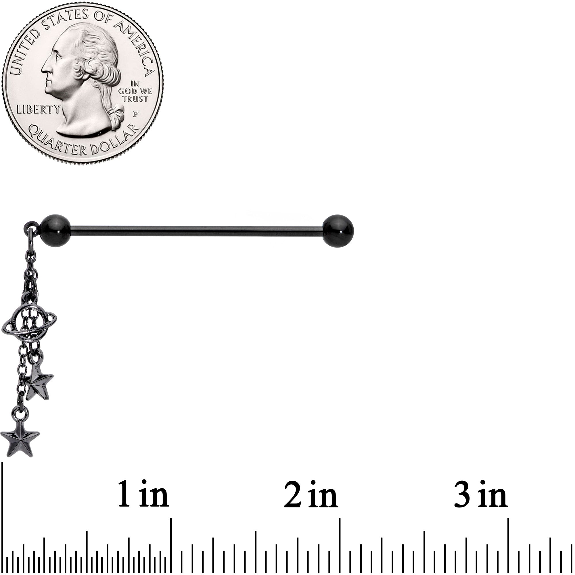 14 Gauge Black Planet Stars Dangle Industrial Barbell 38mm