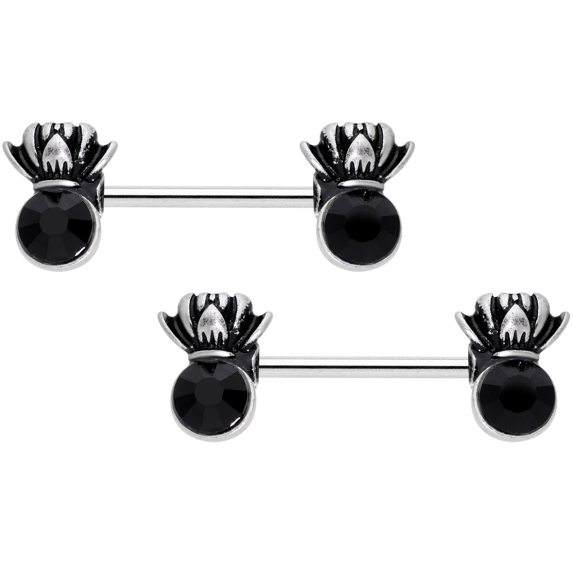 14 Gauge 9/16 Black CZ Gem Lotus Flower Crown Barbell Nipple Ring Set