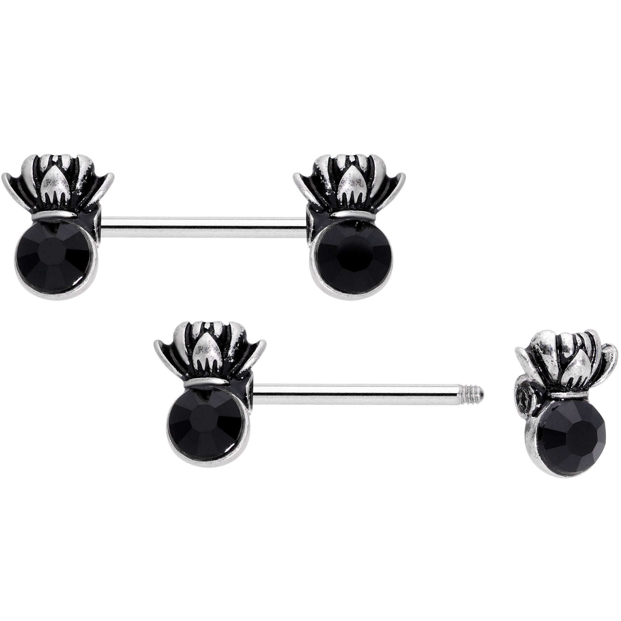 14 Gauge 9/16 Black CZ Gem Lotus Flower Crown Barbell Nipple Ring Set