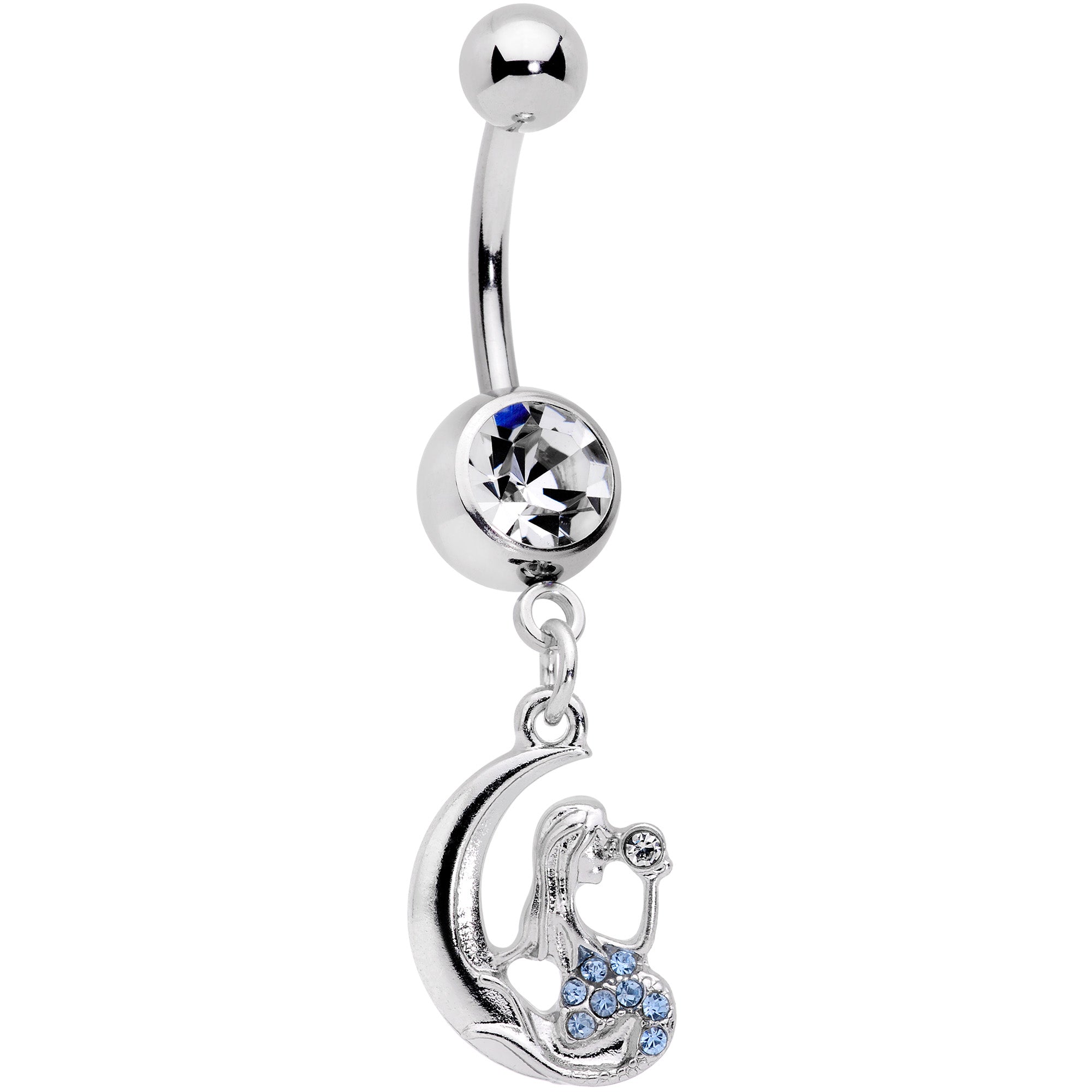 Blue CZ Gem Mermaid in the Moon Dangle Belly Ring