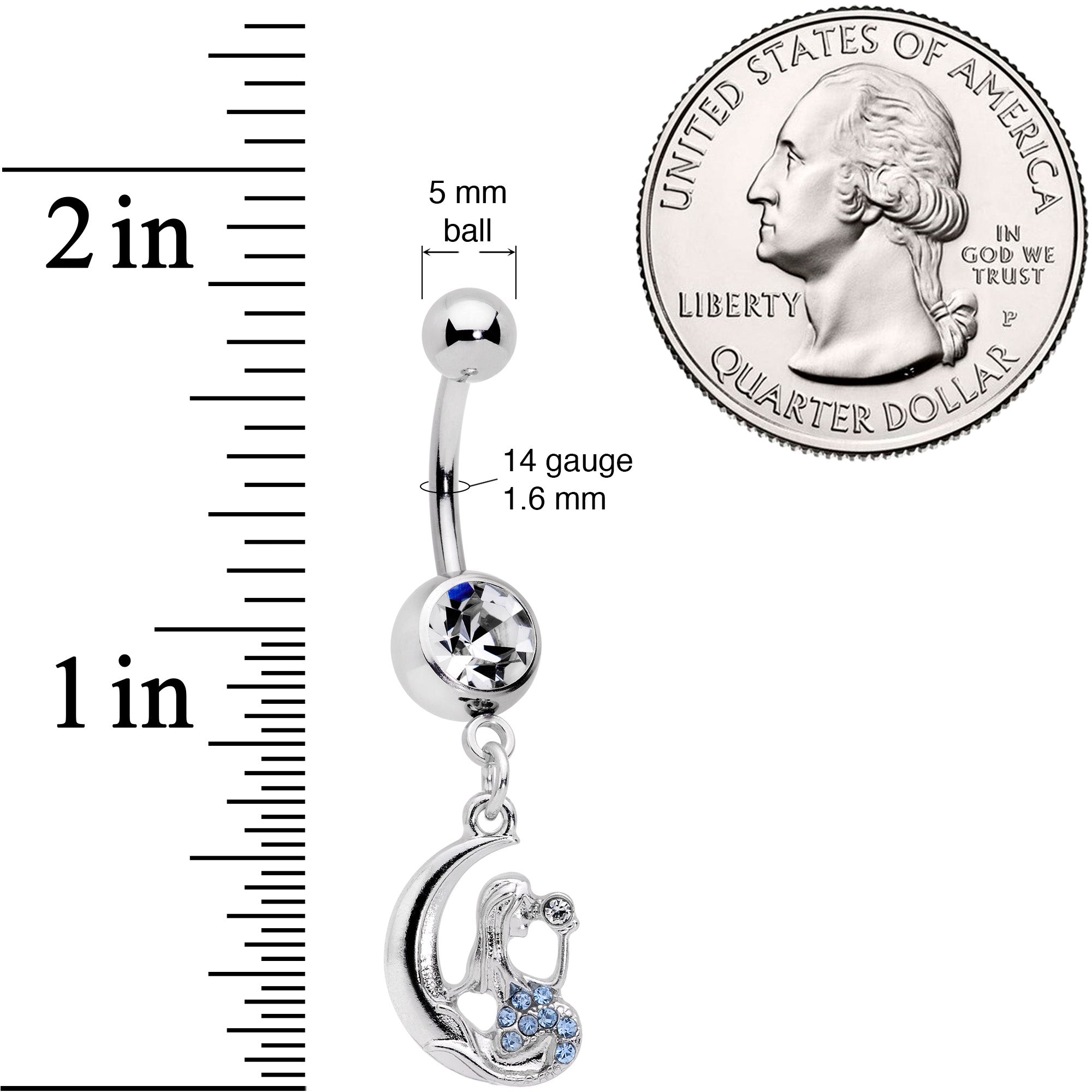 Blue CZ Gem Mermaid in the Moon Dangle Belly Ring