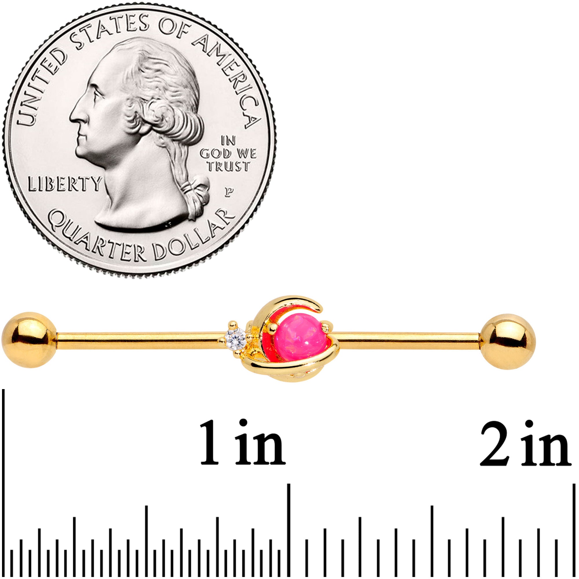 14 Gauge Clear CZ Gem Gold Tone Pink Moon Industrial Barbell 38mm