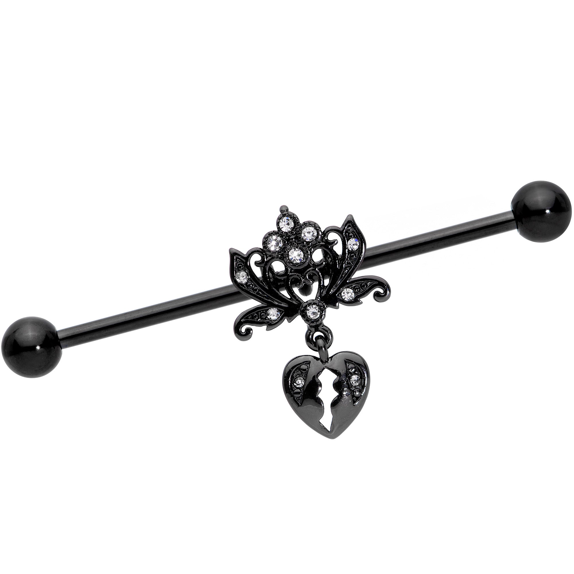 14 Gauge Clear Gem Black Heart Lock Lotus Flower Industrial Barbell 38mm