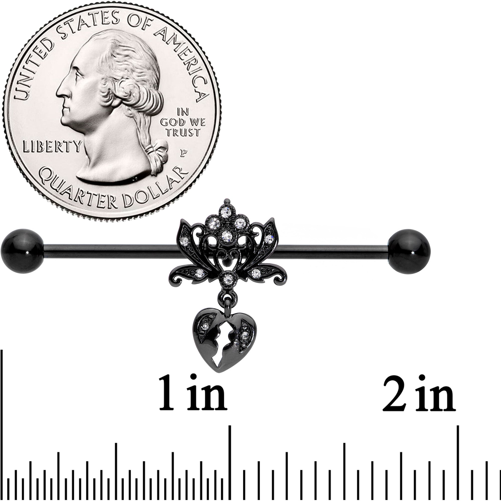 14 Gauge Clear Gem Black Heart Lock Lotus Flower Industrial Barbell 38mm