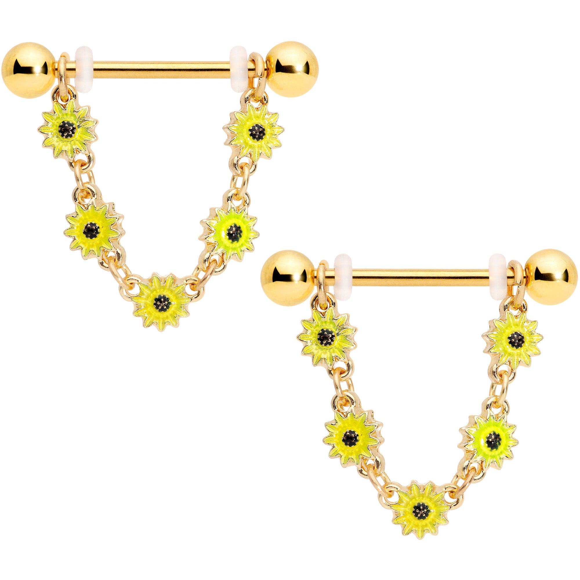 14 Gauge 3/4 Gold Tone Yellow Sunflower Dangle Nipple Ring Set