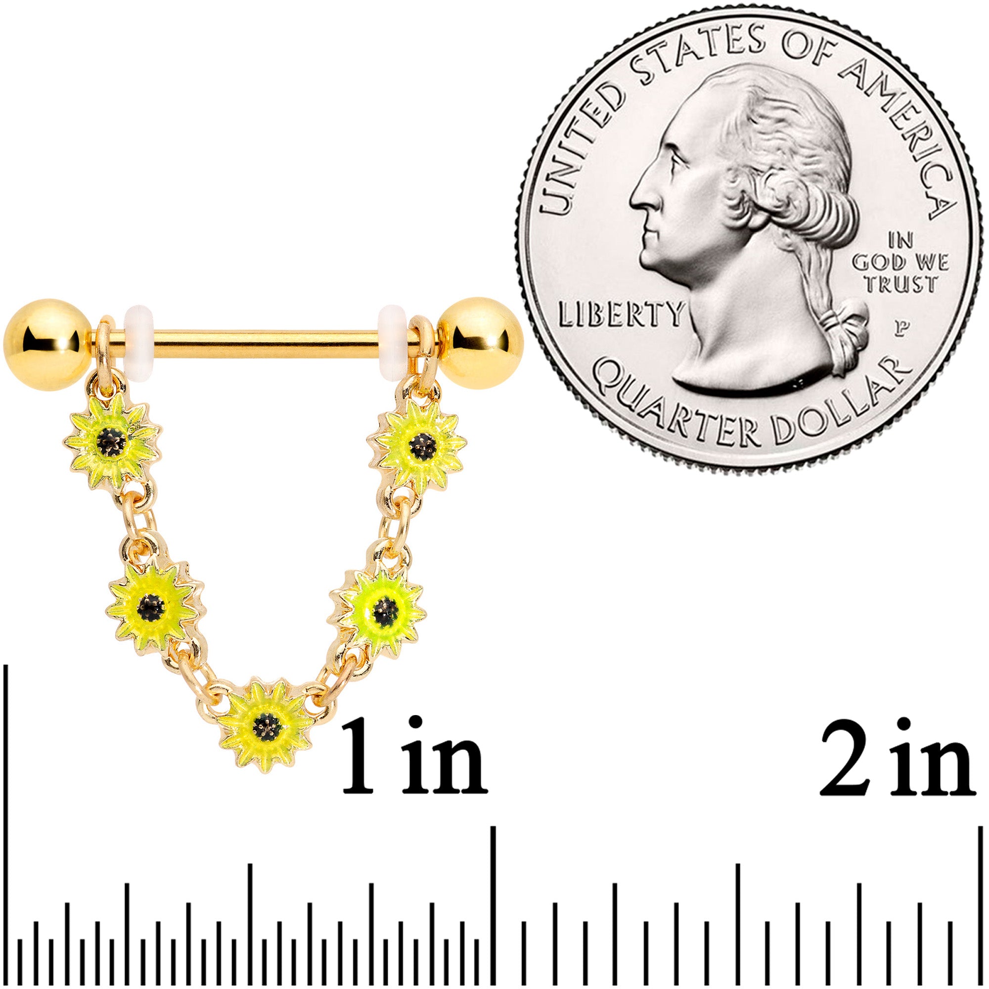 14 Gauge 3/4 Gold Tone Yellow Sunflower Dangle Nipple Ring Set