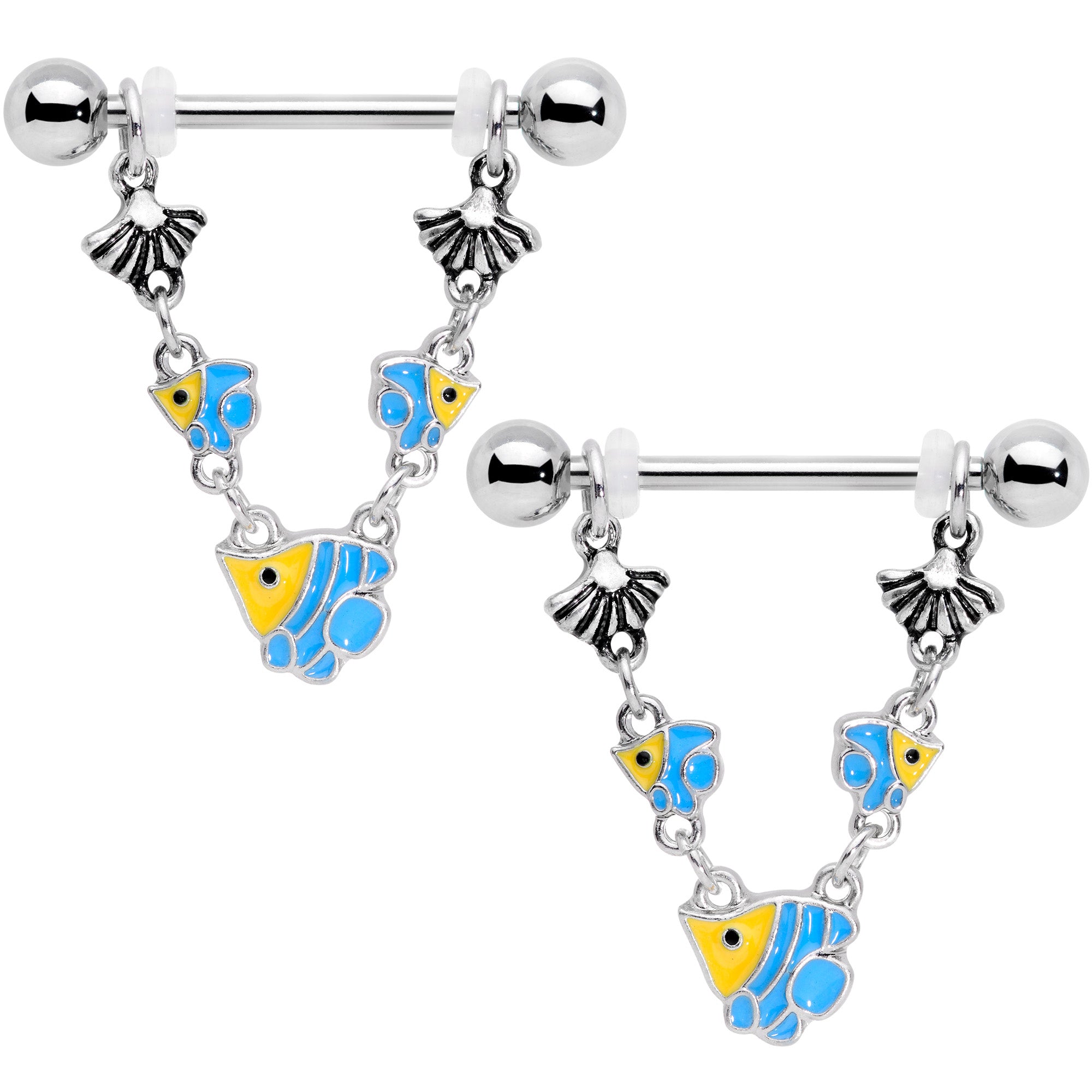 14 Gauge 13/16 Blue Yellow Fish Shell Nautical Dangle Nipple Ring Set