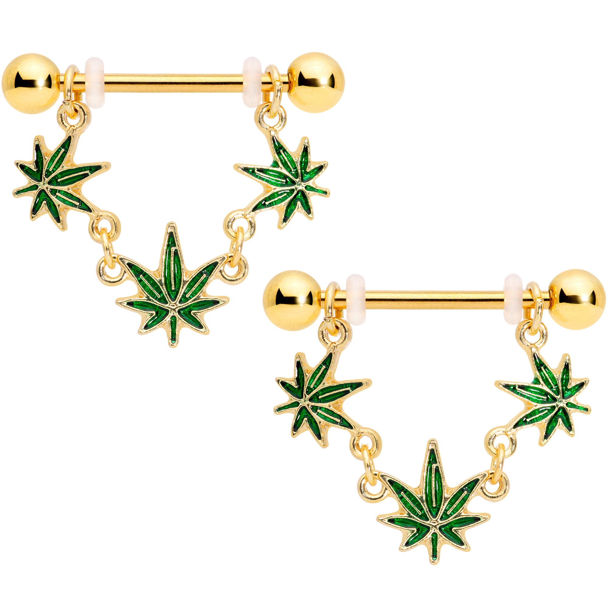 14 Gauge 3/4 Green Gold Tone Weed Pot Leaf Dangle Nipple Ring Set