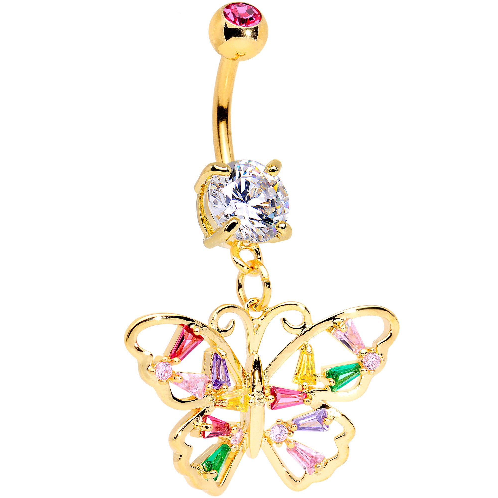 Green Pink Red CZ Gem Gold Tone Spring Butterfly Dangle Belly Ring