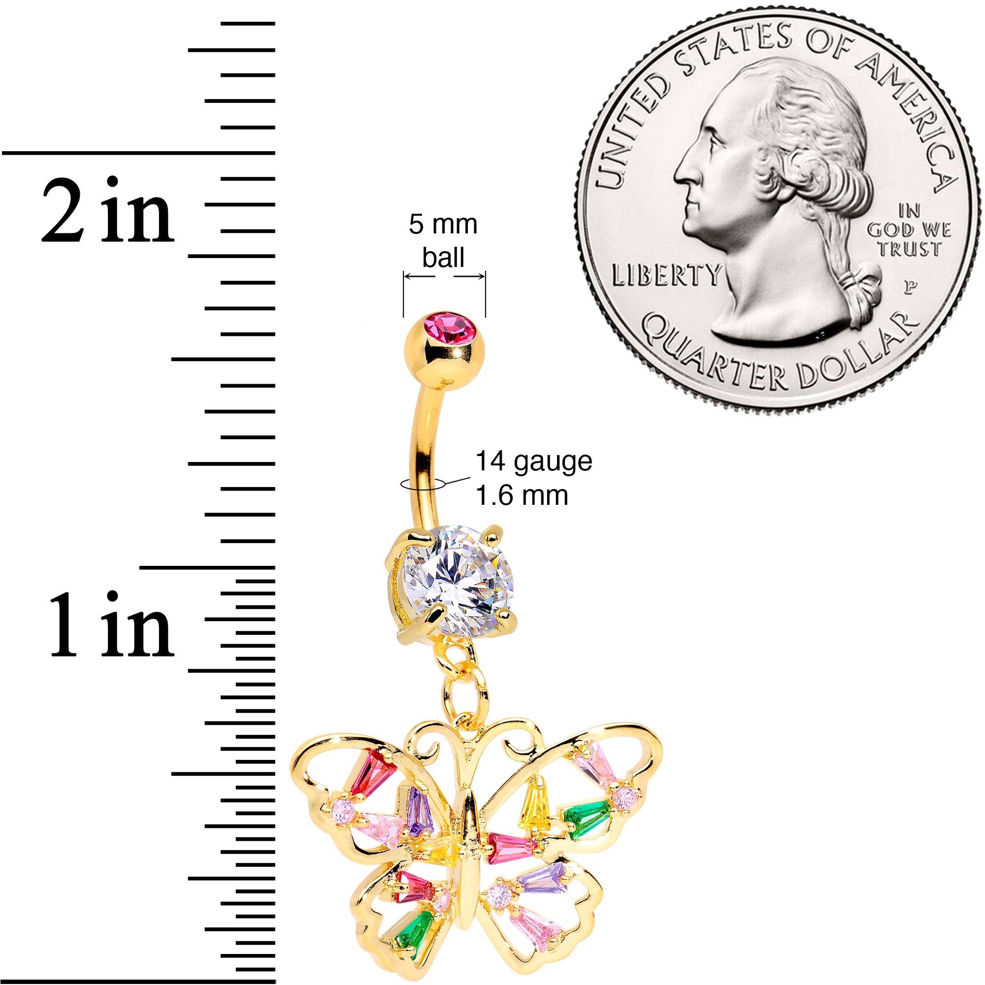 Green Pink Red CZ Gem Gold Tone Spring Butterfly Dangle Belly Ring