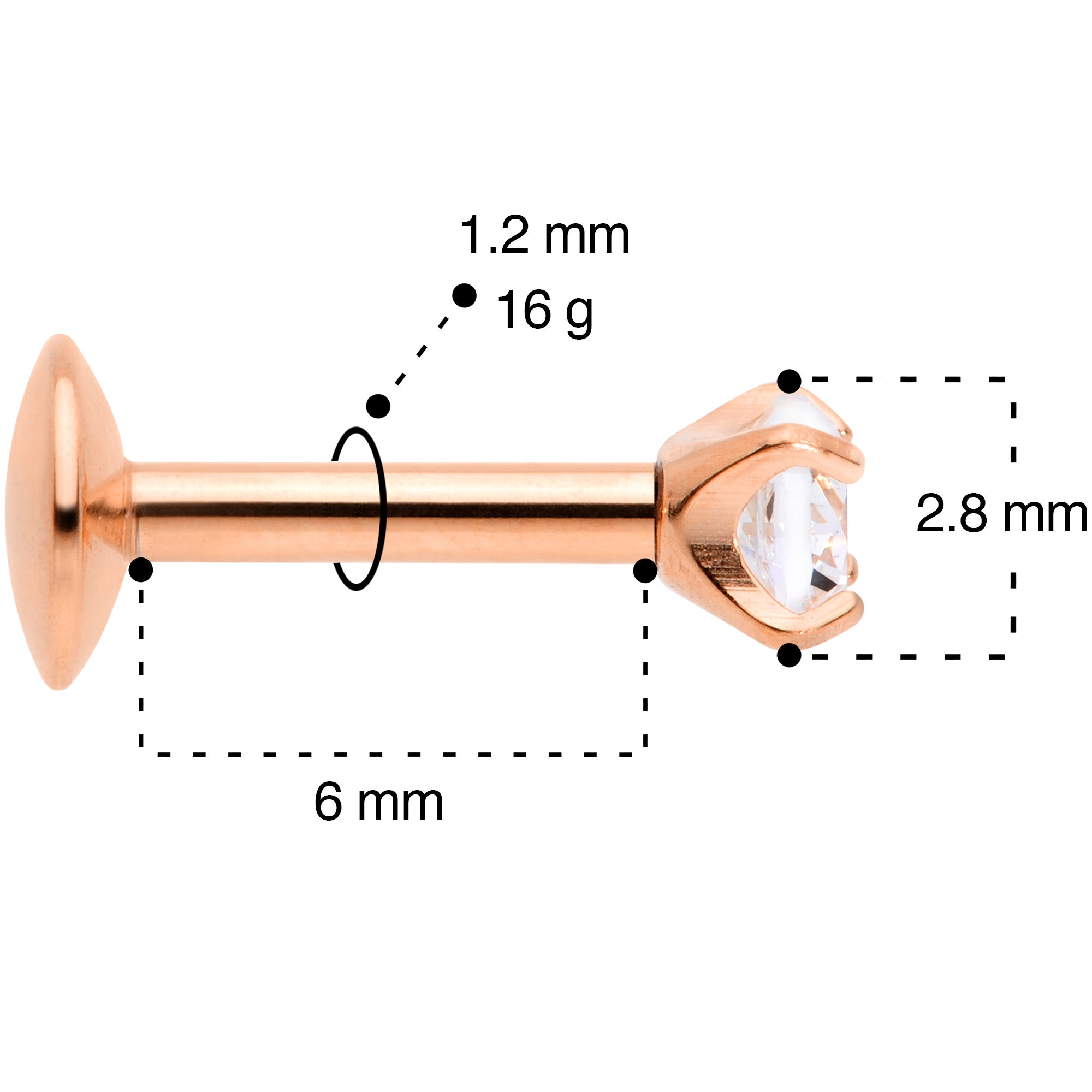 16 Gauge 1/4 3mm CZ Rosy G23 Titanium Internally Threaded Labret