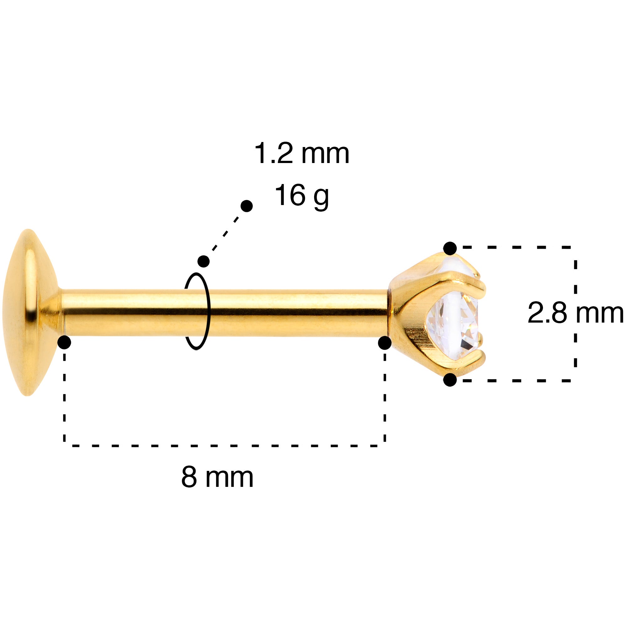 16 Gauge 5/16 3mm CZ Gold Tone G23 Titanium Internal Thread Labret