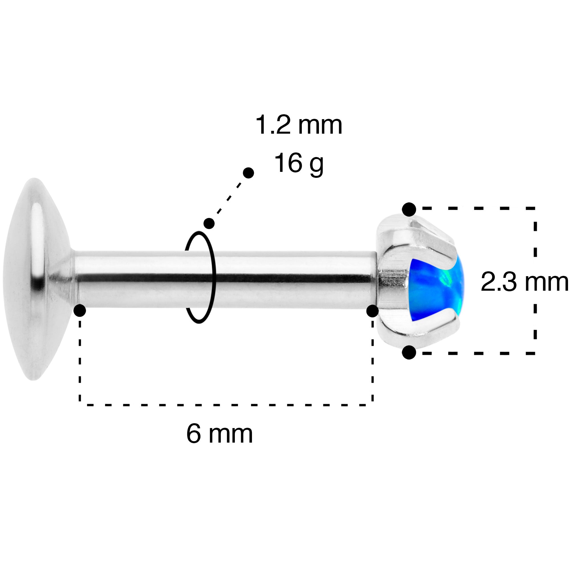 16G 1/4 2mm Blue Syn Opal G23 Titanium Internal Thread Labret