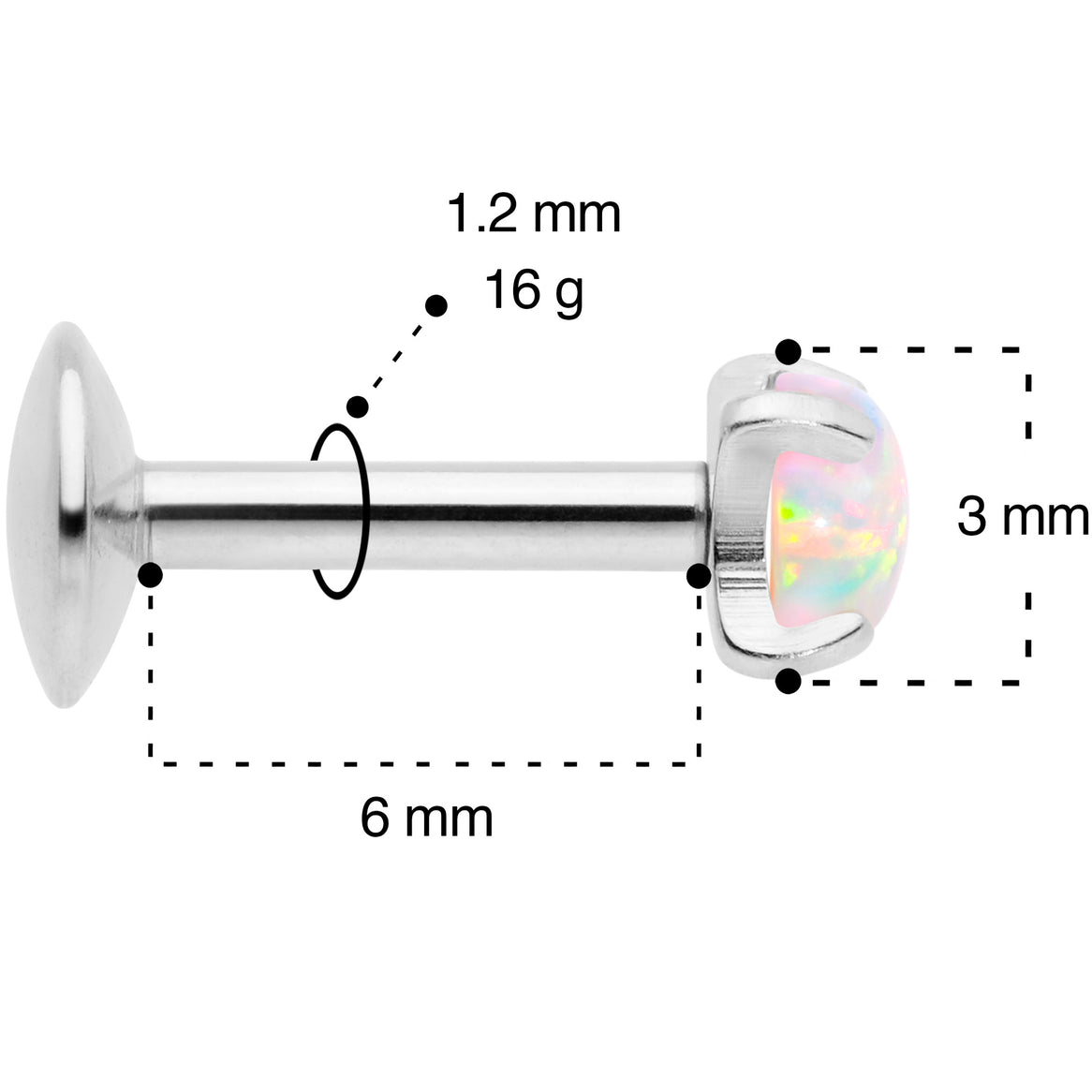 16G 1/4 3mm White Syn Opal G23 Titanium Internal Thread Labret