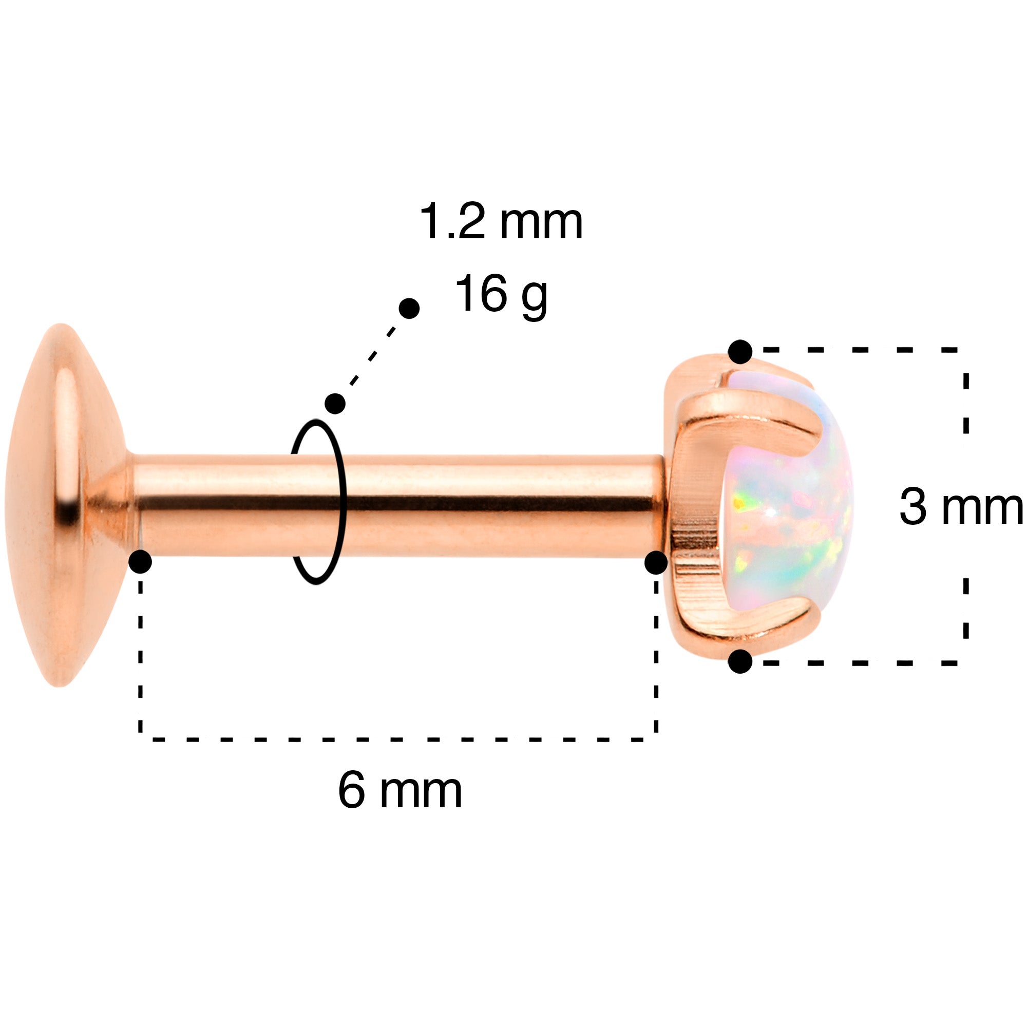 16G 1/4 3mm Syn Opal Rose Gold G23 Titanium Internal Thread Labret