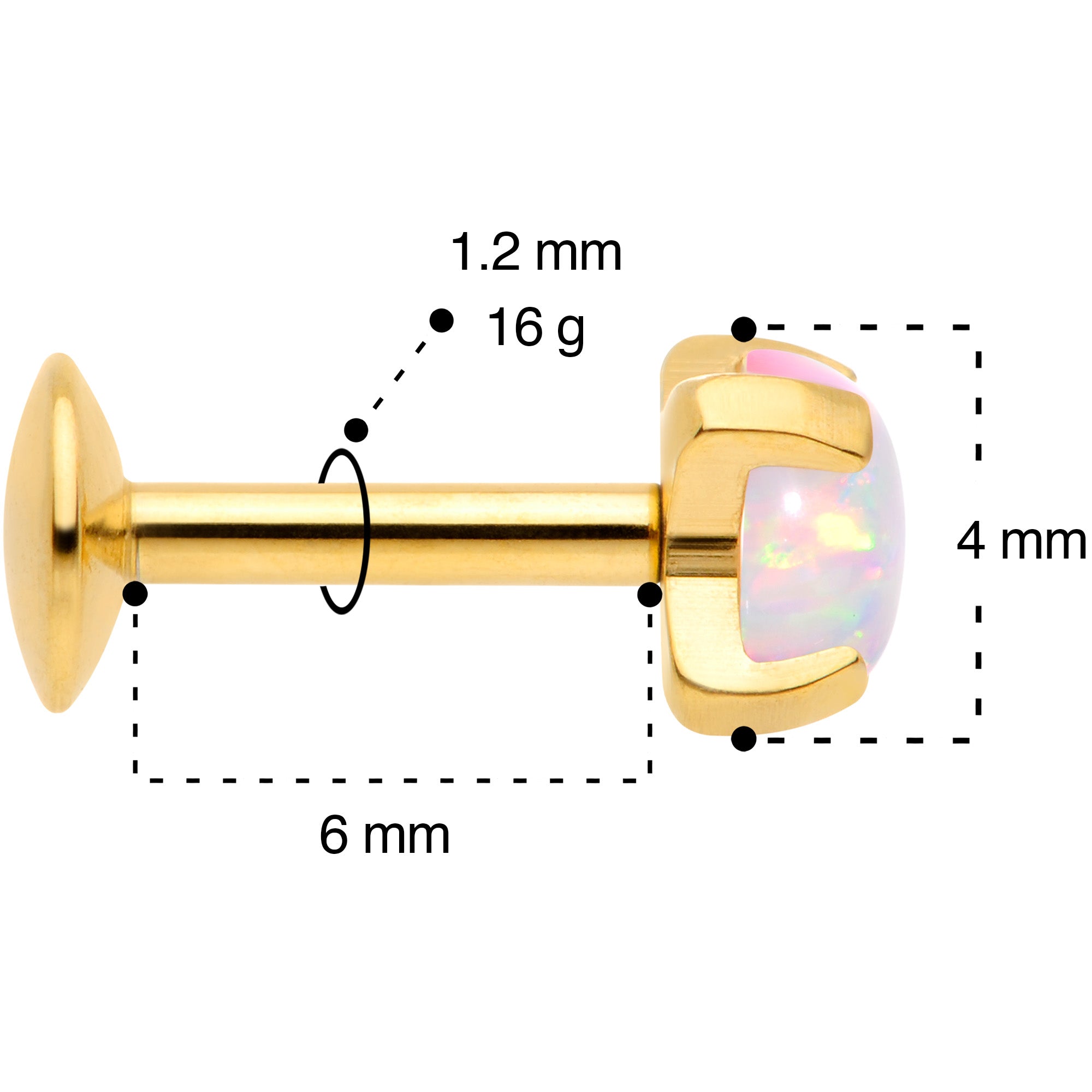 16G 1/4 4mm Syn Opal Gold G23 Titanium Internal Thread Labret