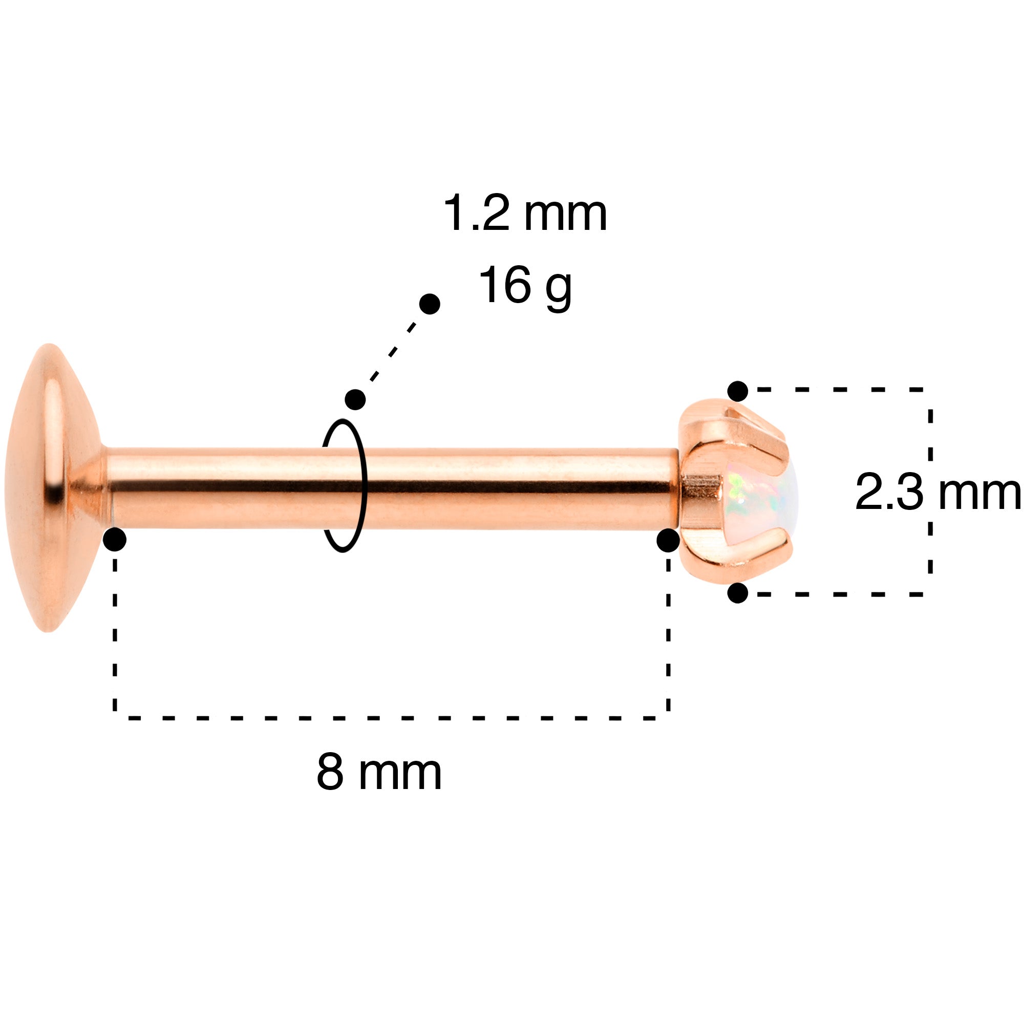 16G 5/16 2mm Syn Opal Rose Gold G23 Titanium Internal Thread Labret