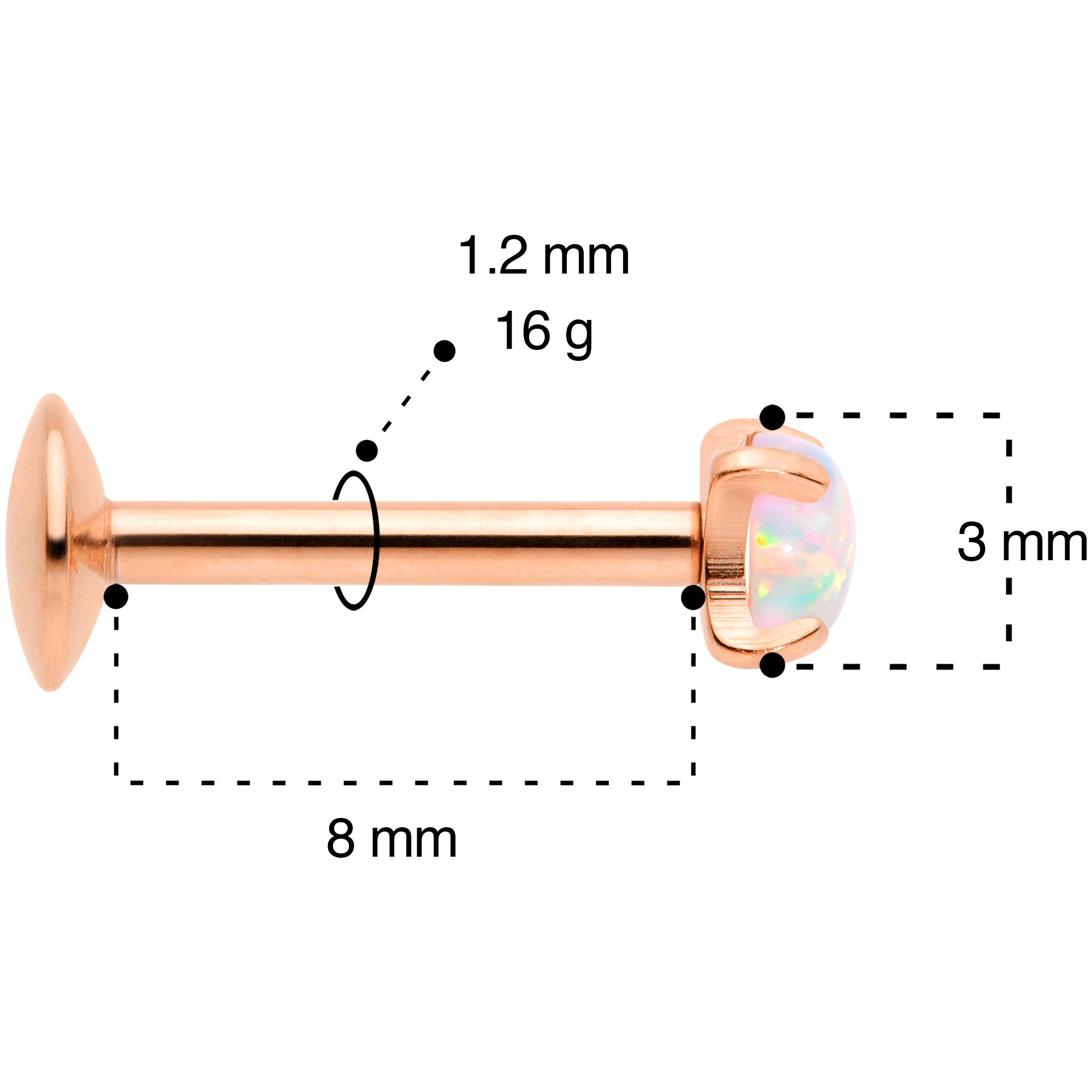 16G 5/16 3mm Syn Opal Rose Gold G23 Titanium Internal Thread Labret