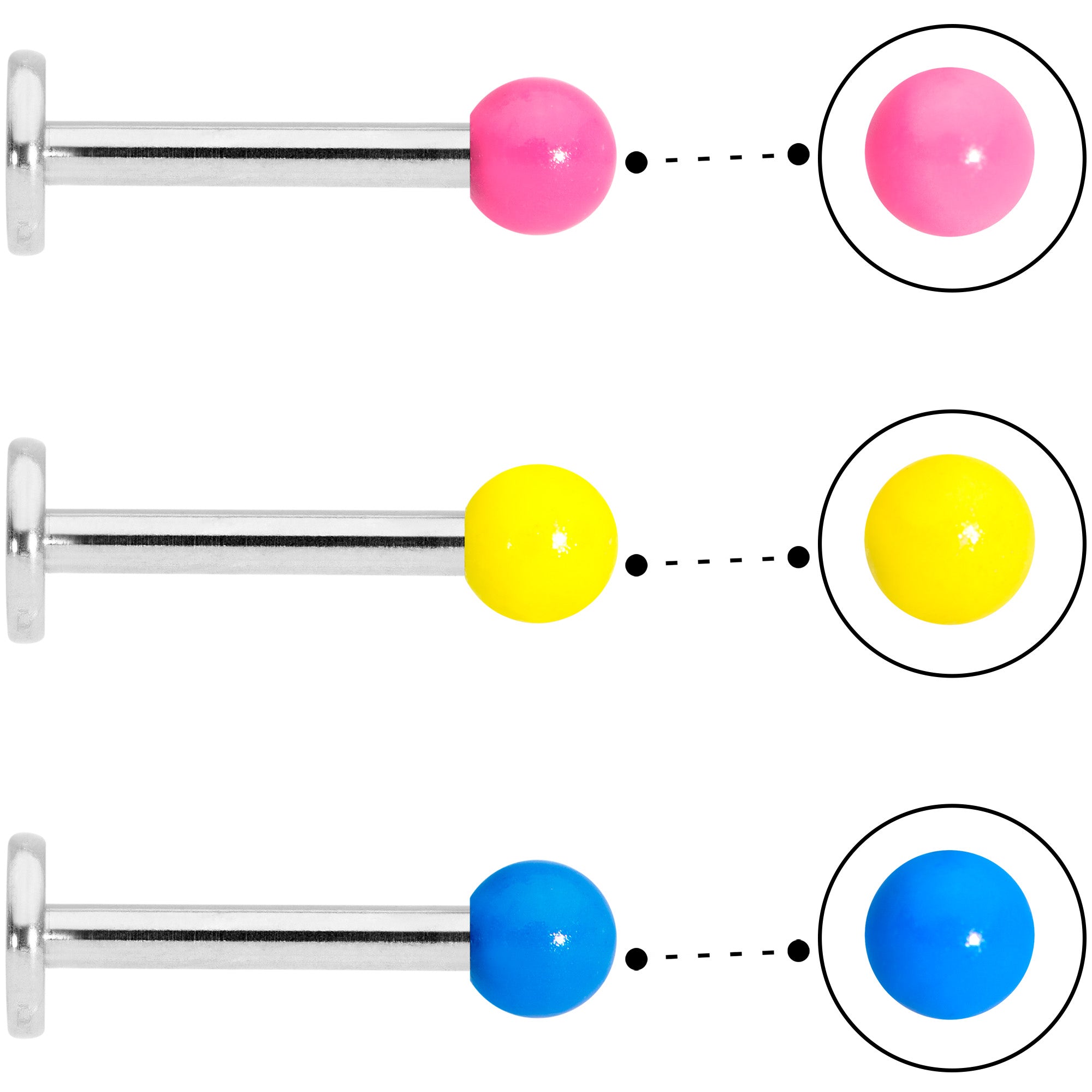 16 Gauge 5/16 Blue Pink Yellow Glow Ball Labret Set of 3