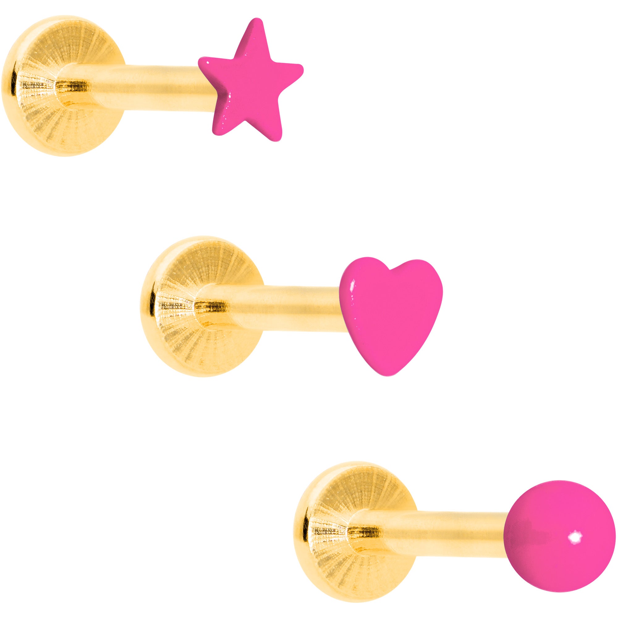 16 Gauge 5/16 Gold Tone Pink Glow Star Heart Labret Set of 3