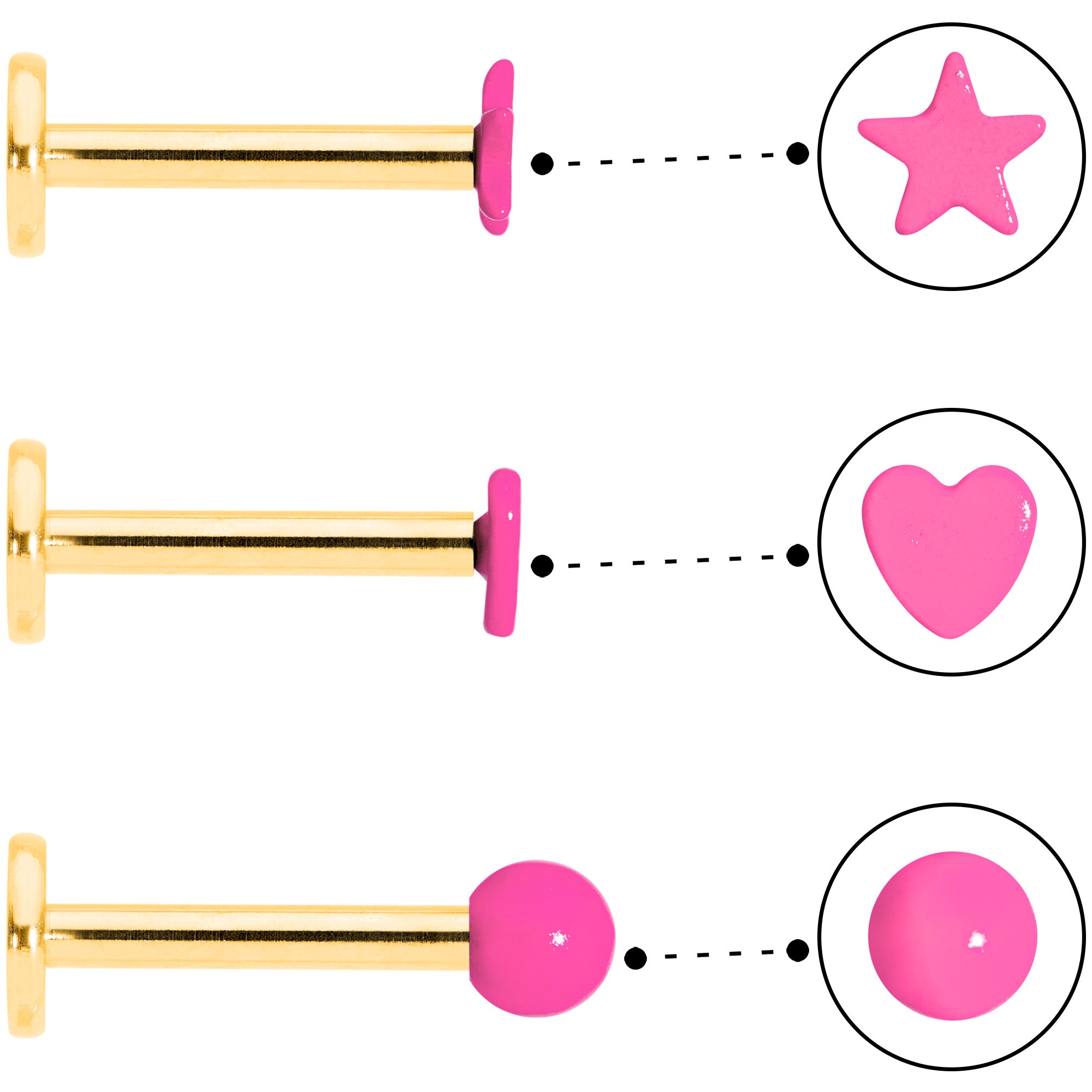 16 Gauge 5/16 Gold Tone Pink Glow Star Heart Labret Set of 3