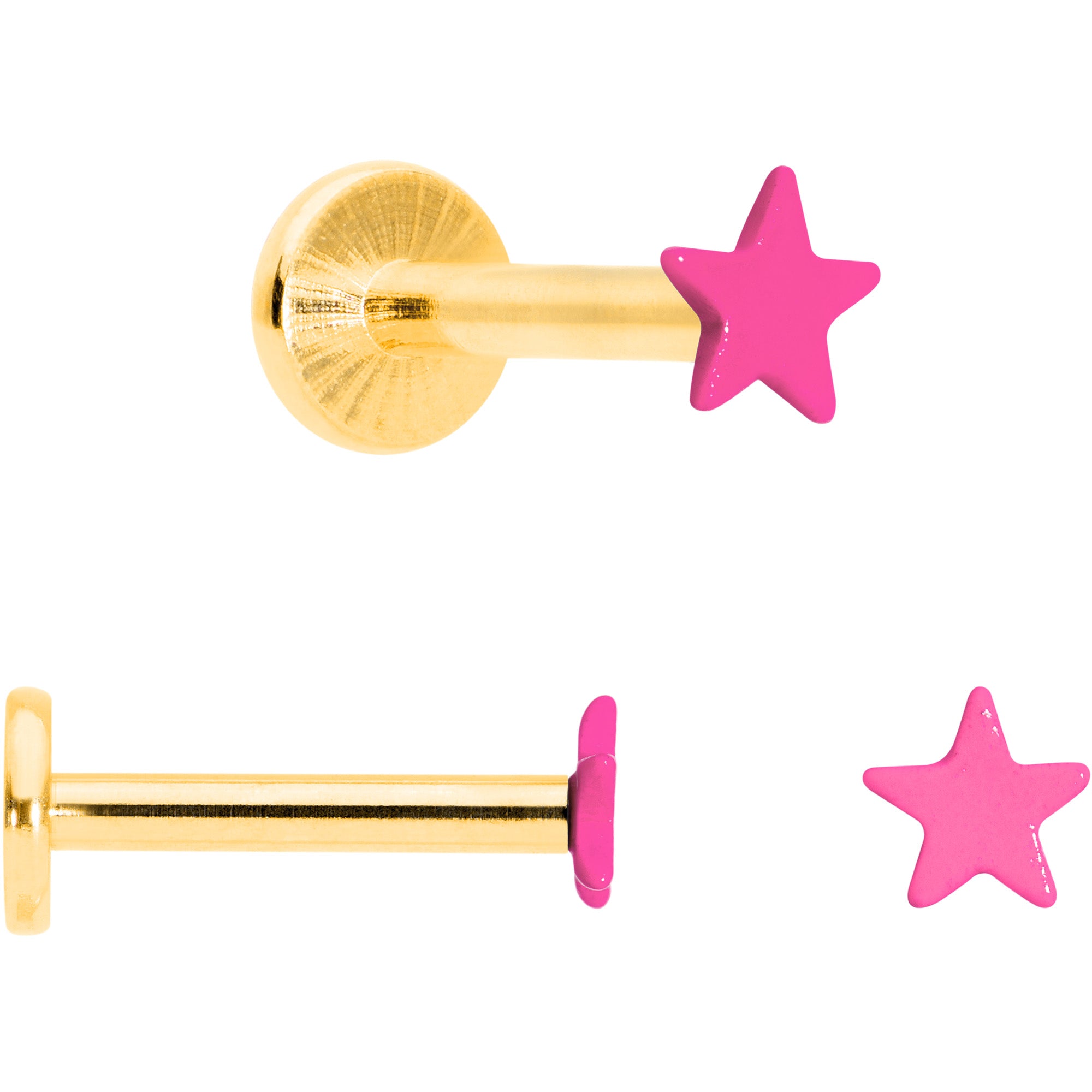 16 Gauge 5/16 Gold Tone Pink Glow Star Heart Labret Set of 3