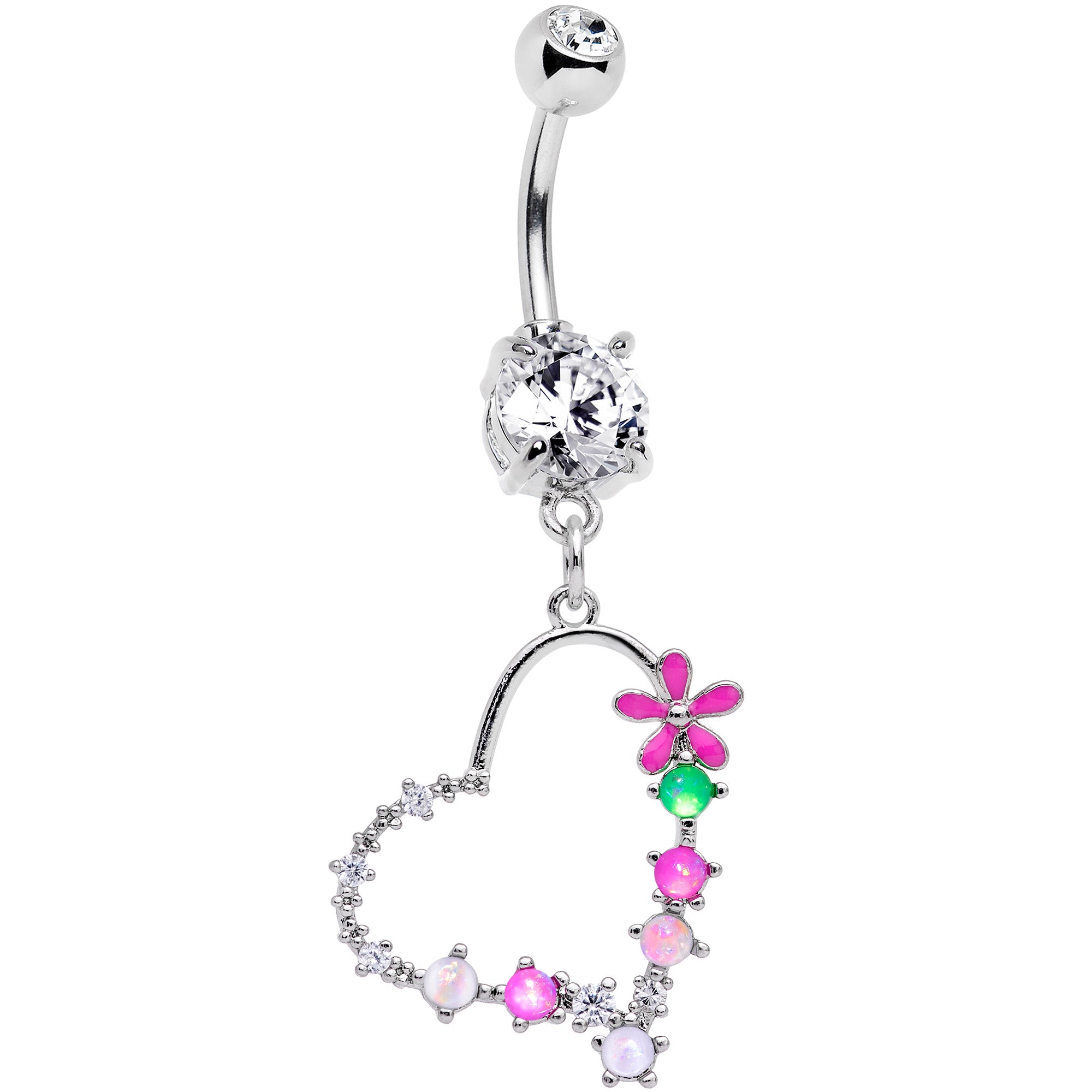 Clear CZ Gem Green White Faux Opal Flower Heart Dangle Belly Ring