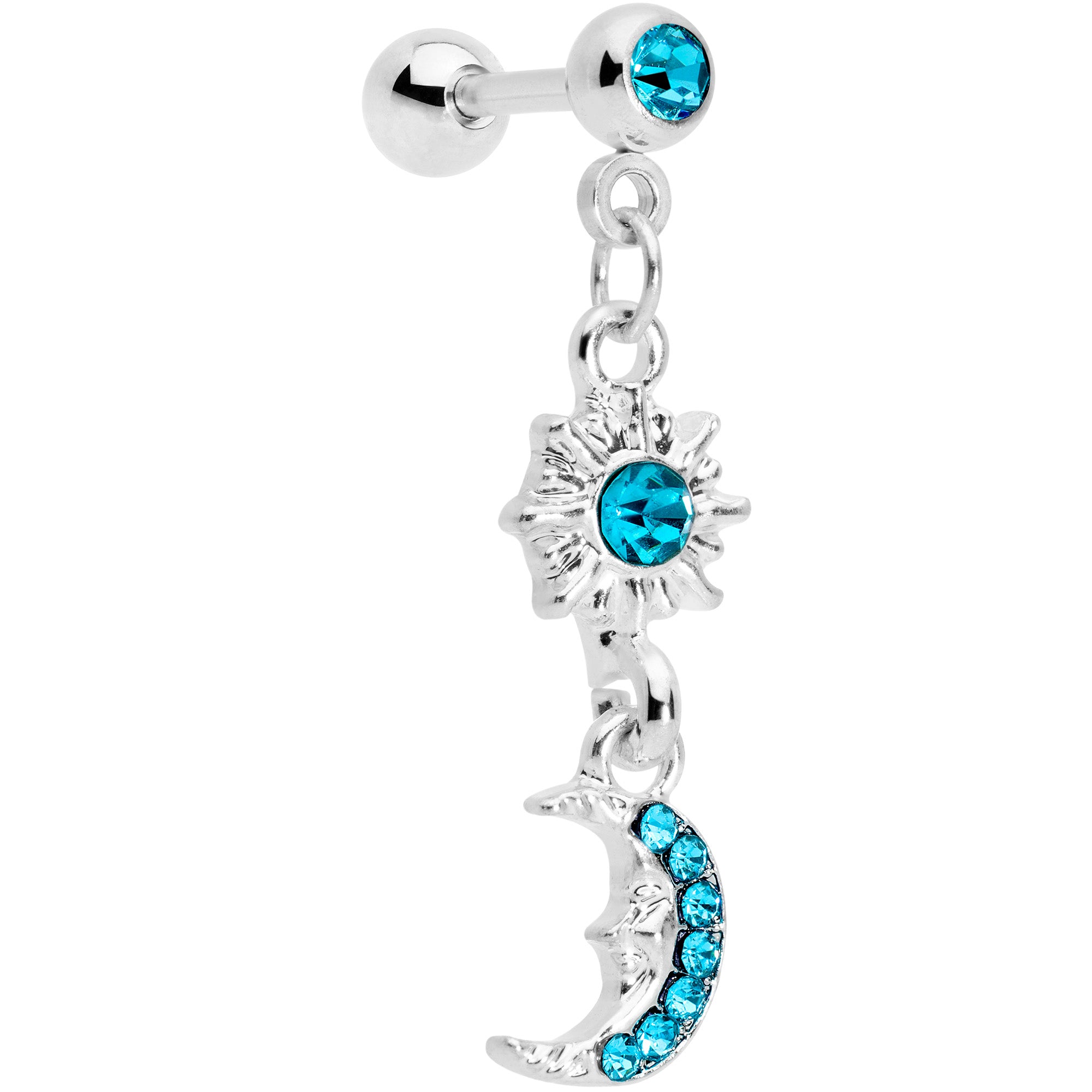 16 Gauge 1/4 Aqua Gem Moon Dangle Cartilage Tragus