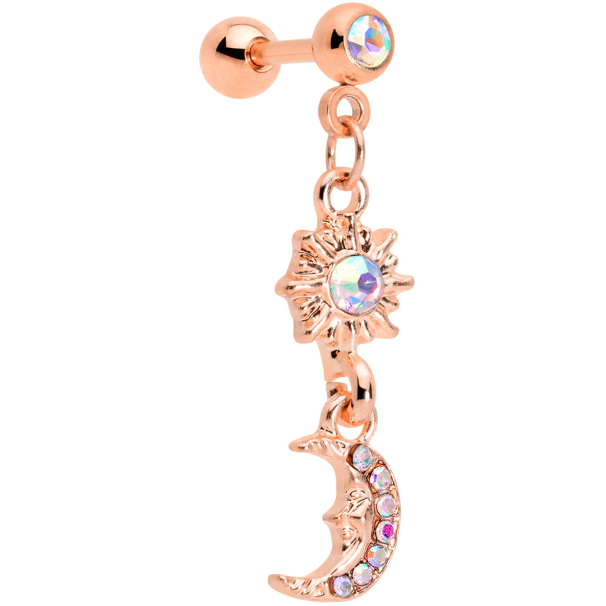 16 Gauge 1/4 Aurora Gem Rose Gold Tone Moon Dangle Cartilage Tragus