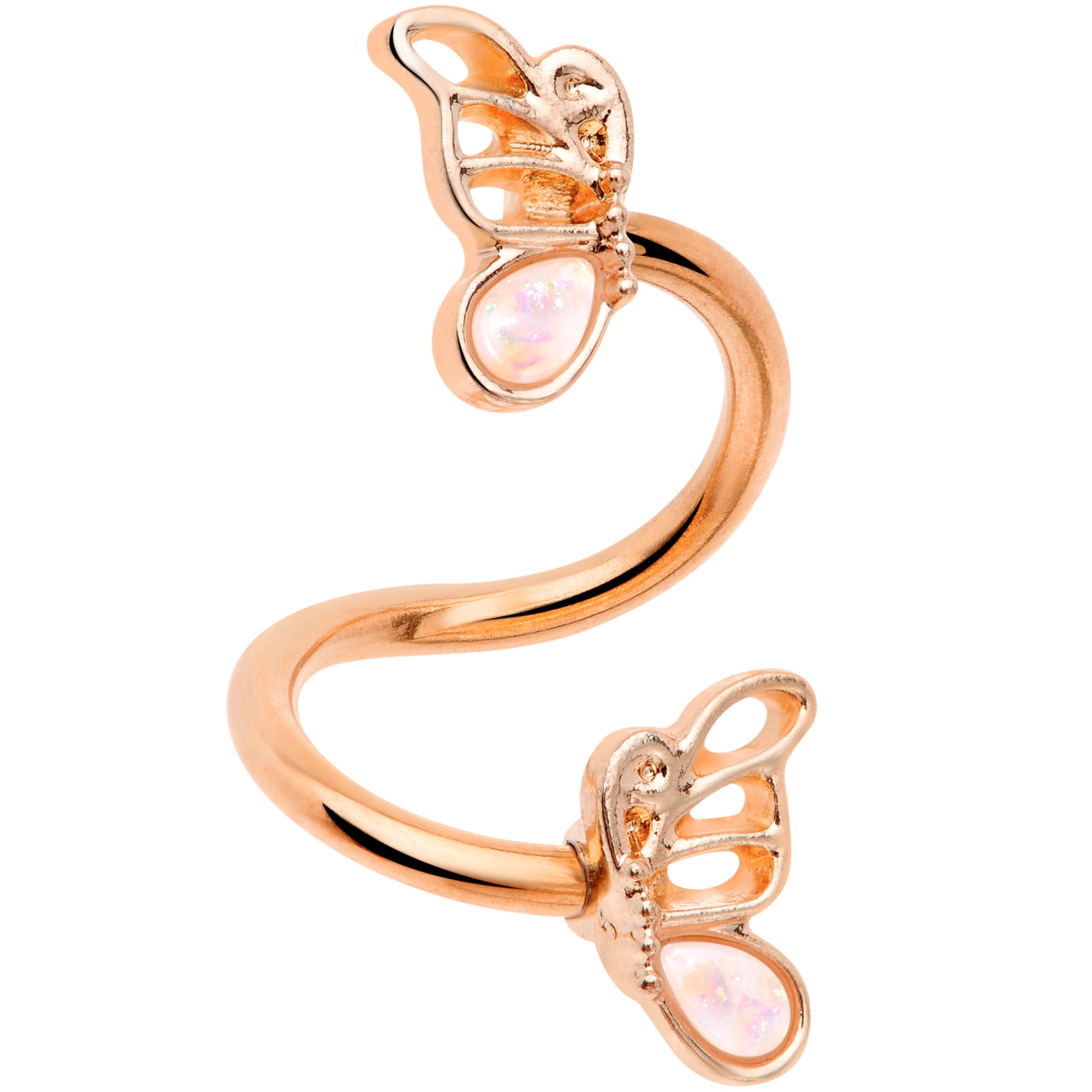 White Faux Opal Rose Gold Tone Butterfly Spiral Twister Belly Ring