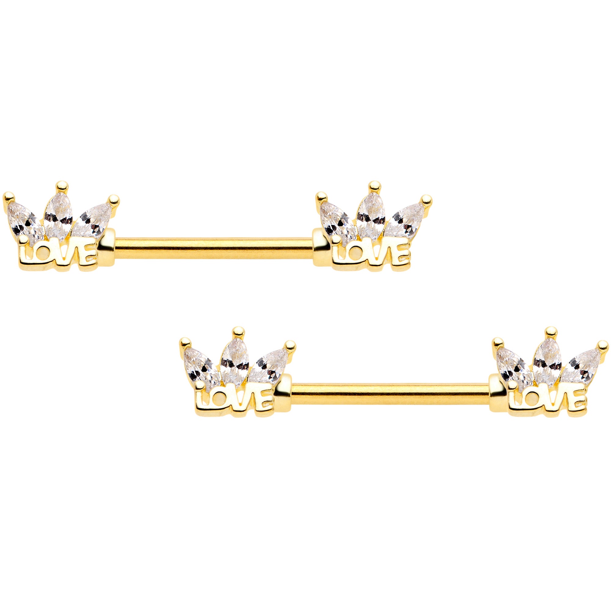 14 Gauge 9/16 Clear Gem Gold Tone Crown of Love Barbell Nipple Ring Set